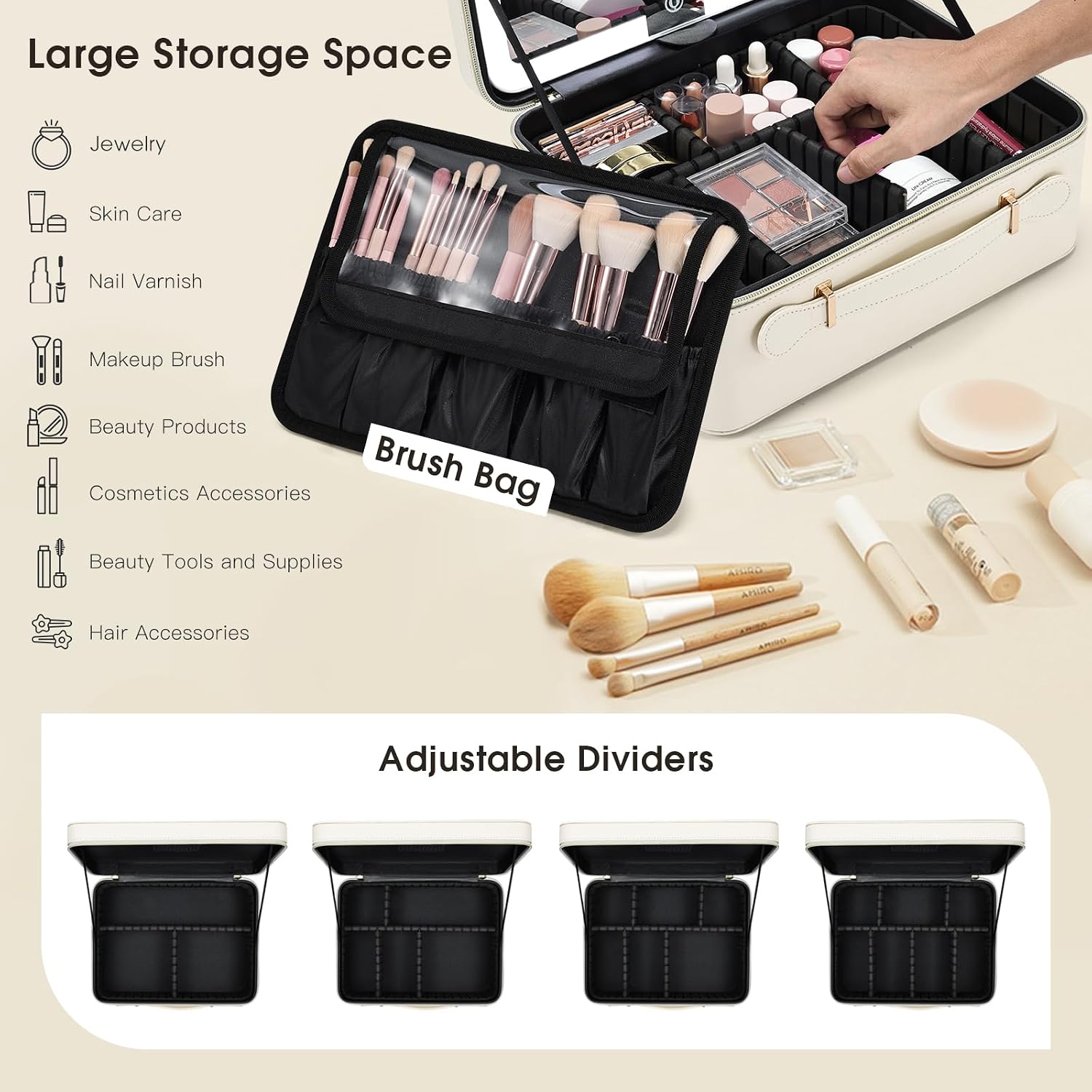 Faquenc Leather Makeup Case with LED Lighted Mirror 11.4 Inch Travel Makeup Bag Adjustable Brightness in 3 Colors Cosmetic Organizer Artist Storage Bag with Dividers Brush Holder Bag Vanity White - Image 3