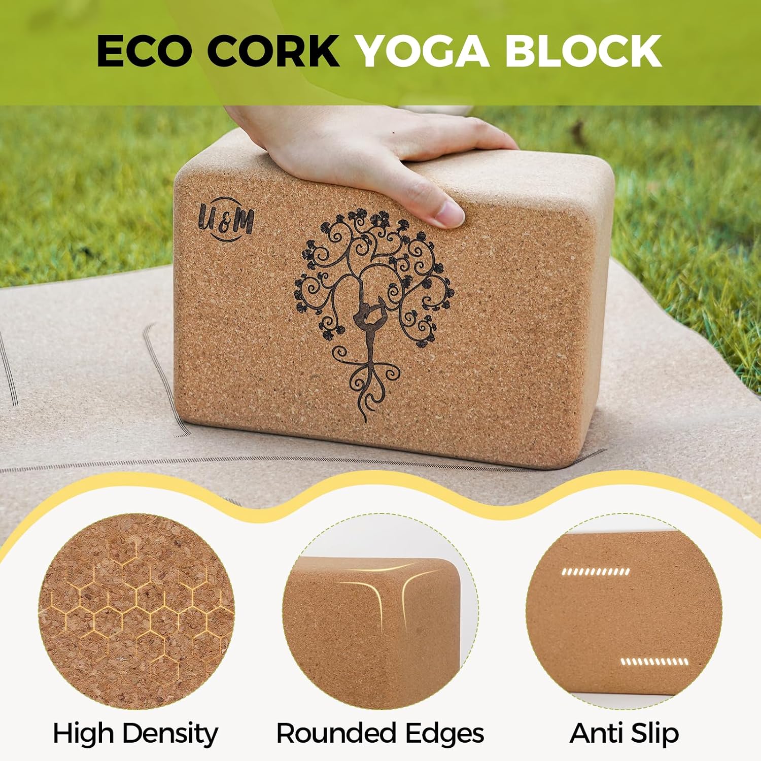 U&M Cork Yoga Blocks 2 Pack Set,Natural Cork High Density 9"x6"x4" Yoga Blocks Odor-Resistant Non-Slip for Yoga, General Fitness, Pilates, Stretching and Toning - Image 2