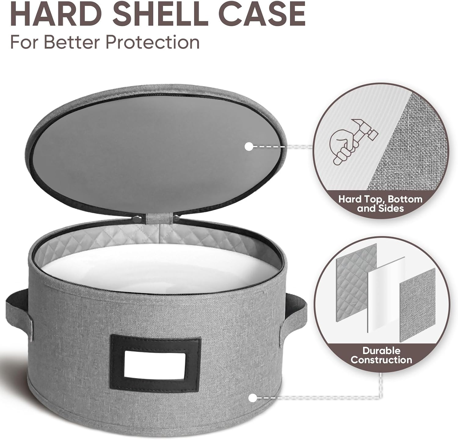 BALEINE China Storage Containers, Sturdy Quilted Wine Glass Storage, Plate Organizer with Carry Handles, Moving Boxes for Dishes, Cups, Mugs and Stemware (Plate, Hard Shell Grey) - Image 3