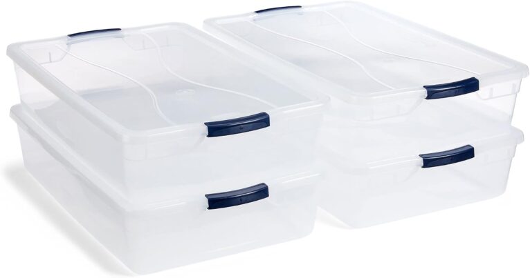 Rubbermaid Cleverstore 42 Quart Stackable Plastic Storage Container Organizer Bin with Latching Lids for Garage, Closet, and Classroom, Clear, 4 Pack