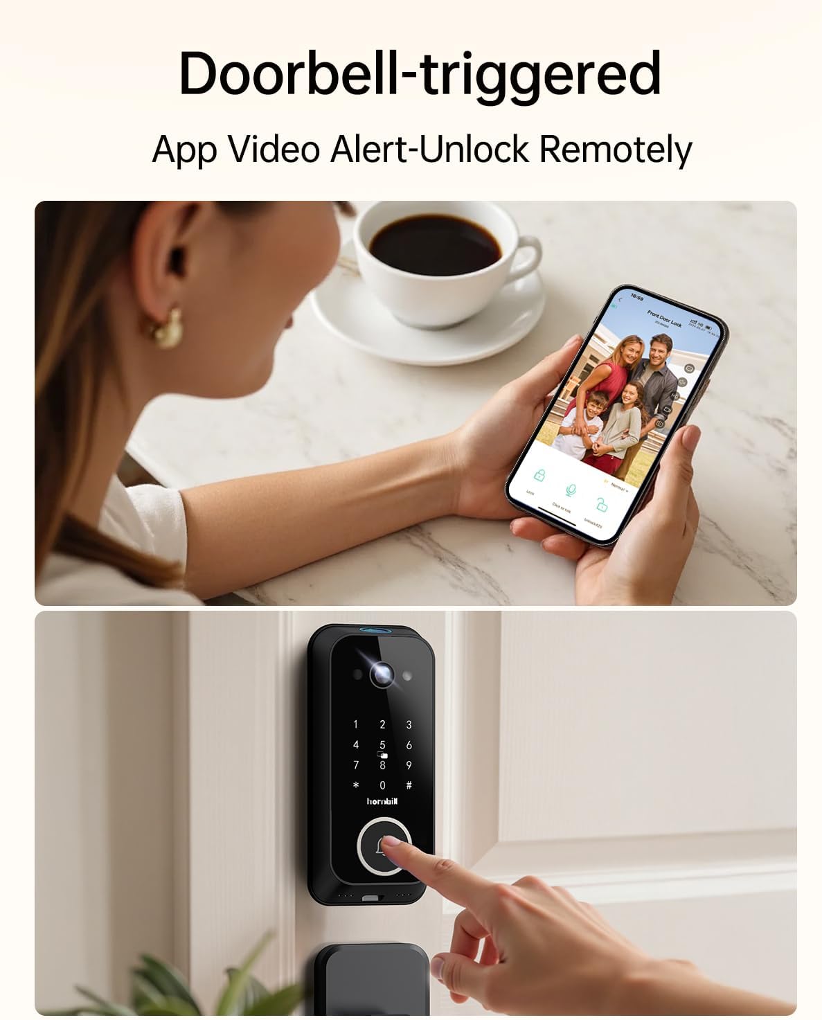 Smart Front Door Lock Sets: 2K HD Camera Lock with Doorbell Kits, Hornbill Fingerprint Keyless Entry Door Lock with Handles, WiFi Deadbolt(only 2.4G) for Remote Control, Free APP/Alexa/PIR, Black - Image 4