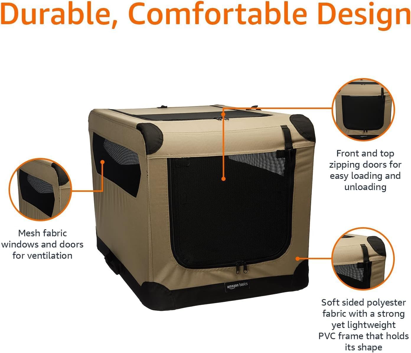 Amazon Basics Portable Folding Soft Dog Crate, Double Door, Collapsible Travel Kennel, Easy to Assemble, Medium, 29.92" x 21.3" x 21.3", Tan - Image 4