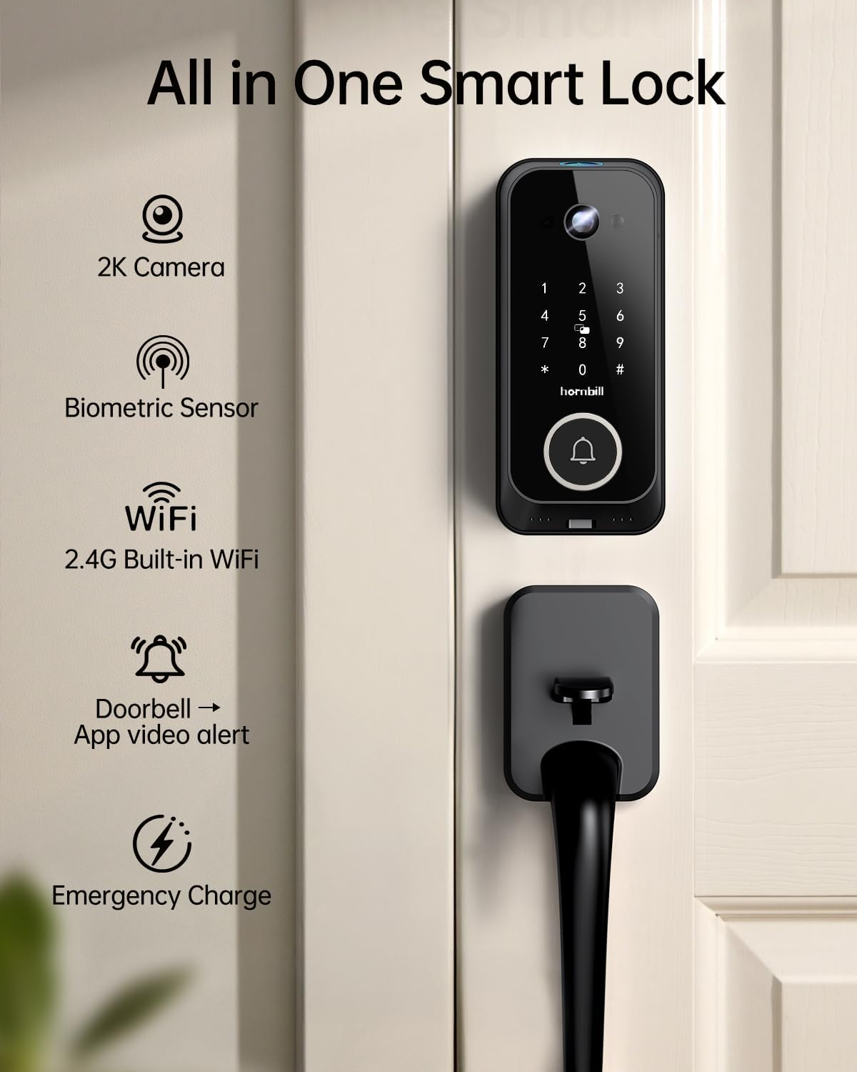 Smart Front Door Lock Sets: 2K HD Camera Lock with Doorbell Kits, Hornbill Fingerprint Keyless Entry Door Lock with Handles, WiFi Deadbolt(only 2.4G) for Remote Control, Free APP/Alexa/PIR, Black - Image 2
