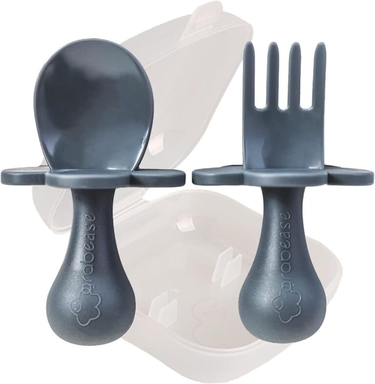 Grabease Baby Feeding Utensils Set - Ergonomic Grip for Self-Feeding - Anti-Choke Collar & Toddler Cutlery Safety - Dishwasher Safe & Travel-Ready Baby Feeding Set - Gray, Pack of 1