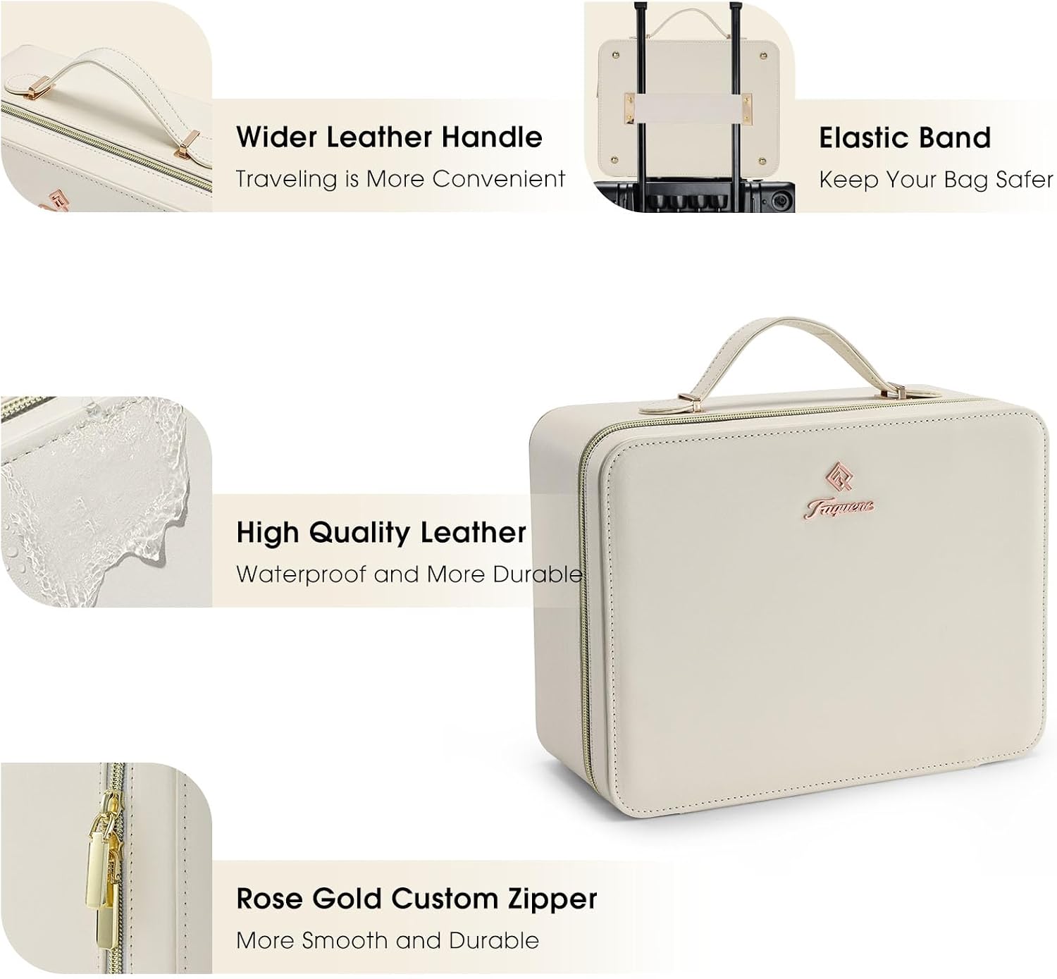 Faquenc Leather Makeup Case with LED Lighted Mirror 11.4 Inch Travel Makeup Bag Adjustable Brightness in 3 Colors Cosmetic Organizer Artist Storage Bag with Dividers Brush Holder Bag Vanity White - Image 4