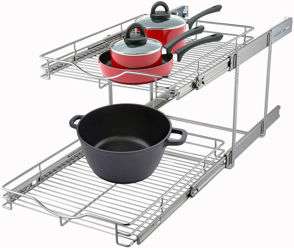DINDON 2 Tier Pull Out Cabinet Organizer (14" W X 18" D), Double Tier Wire Basket Slide Out Shelf Storage for Kitchen Base Cabinet Organization for Kitchen, Pantry, Bathroom, Chrome - Image 7