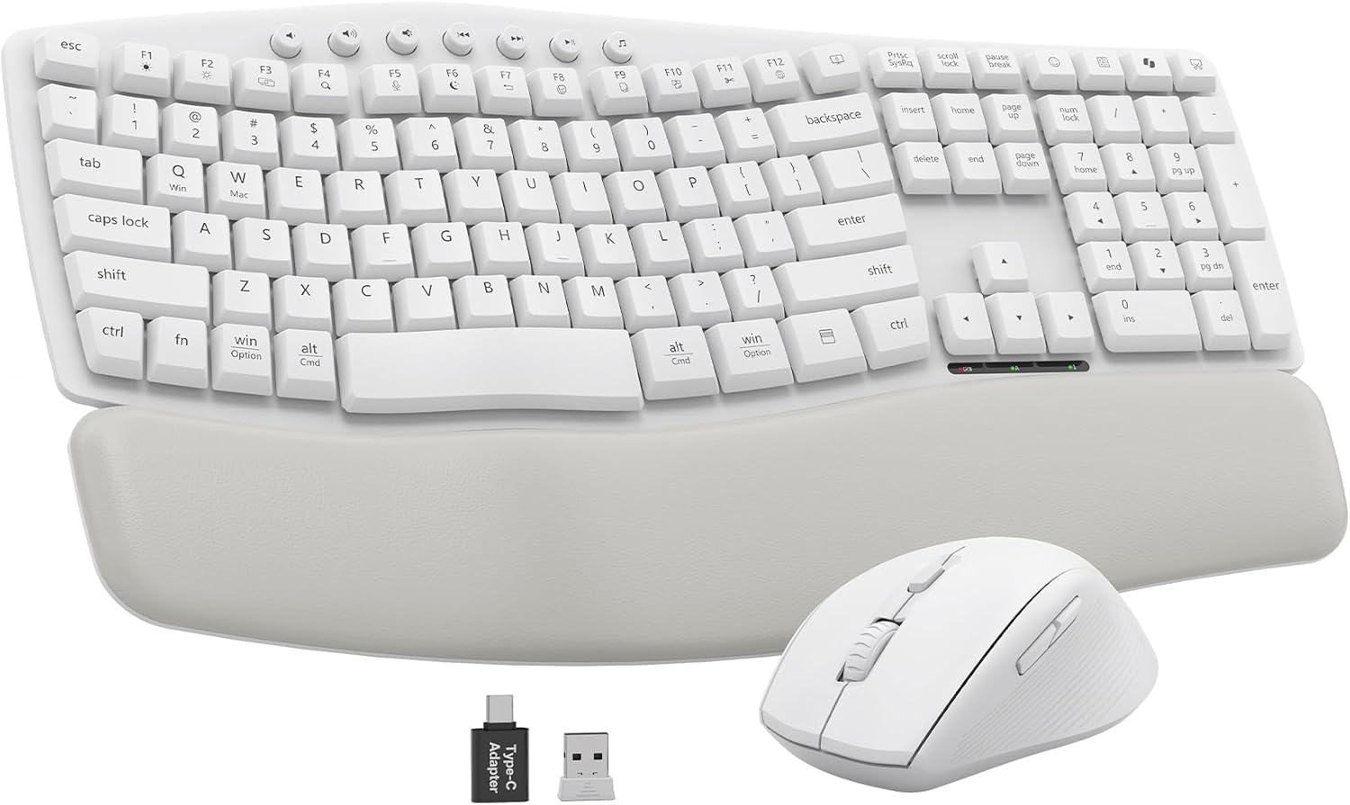 White Wireless Keyboard and Mouse Combo for MacBook & Windows, 30dB Quiet Ergonomic Keyboard Set with Wave Keys & Soft Palm Rest, Silent Typing, Dual-System Switch, Ideal for Home Office—Sablute