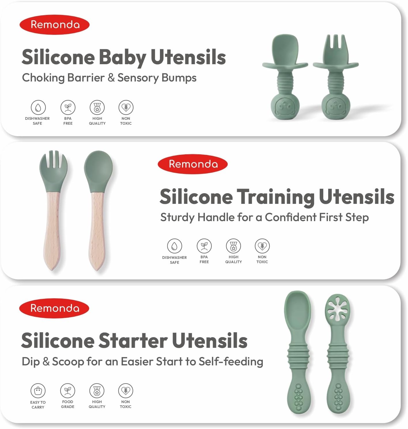 Remonda 23-Piece BPA-Free Silicone Baby Feeding Set | Extra Large Suction Plates, Toddler Bowls, Self Feeding Spoons, and More | Dishwasher Safe| Baby Led Weaning Supplies (Green)01 - Image 6