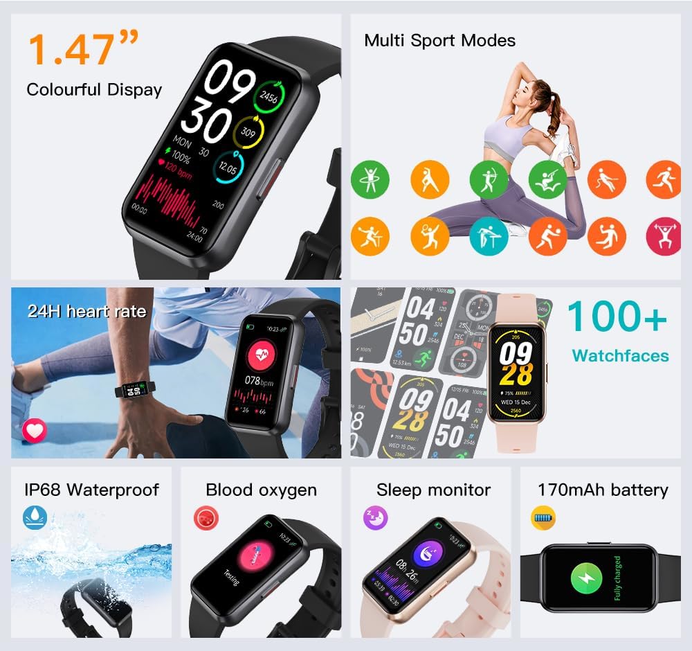 Fitness Trackers,Heart Rate Blood Oxygen Sleep Monitor,1.47‘’ OLED Display,Calorie Pedometer Steps Counter Activity watchs,Smart Band 24/7 Health Monitoring(Black)