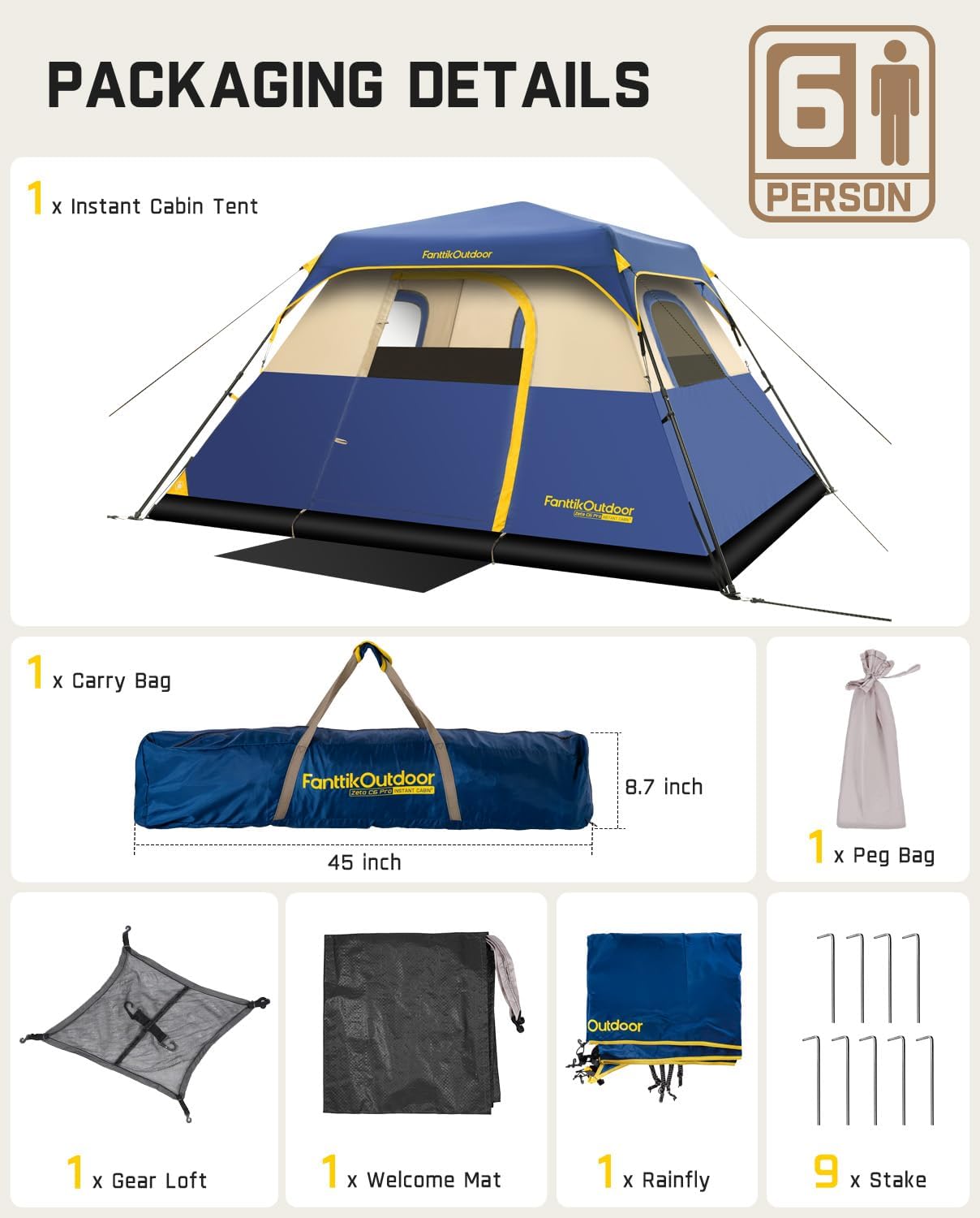 FanttikOutdoor Camping Tent 4/6/8/10 Person Instant Cabin Tent Setup in 60 Seconds with Rainfly & Windproof Portable with Carry Bag for Family Camping & Hiking, Upgraded Ventilation, Navy Blue - Image 6