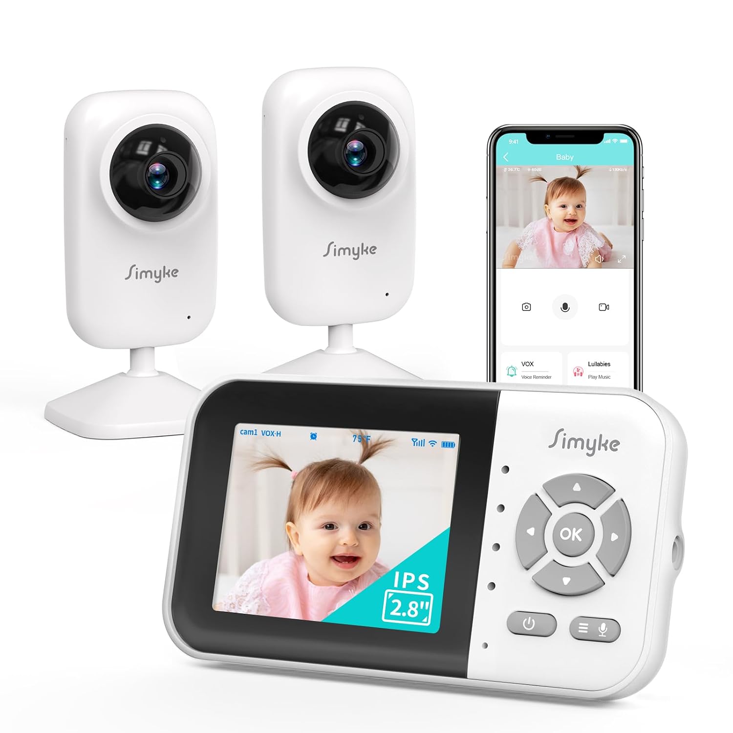 Simyke Upgrade Video Baby Monitor with 2 Cameras and Audio 2.8" Screen,Night Vision,APP,Wireless,2-Way Talk,1200ft Long Range,Feeding Timer,Temperature Sensor,VOX/ECO,5 Lullabies,Portable,Easy Setup