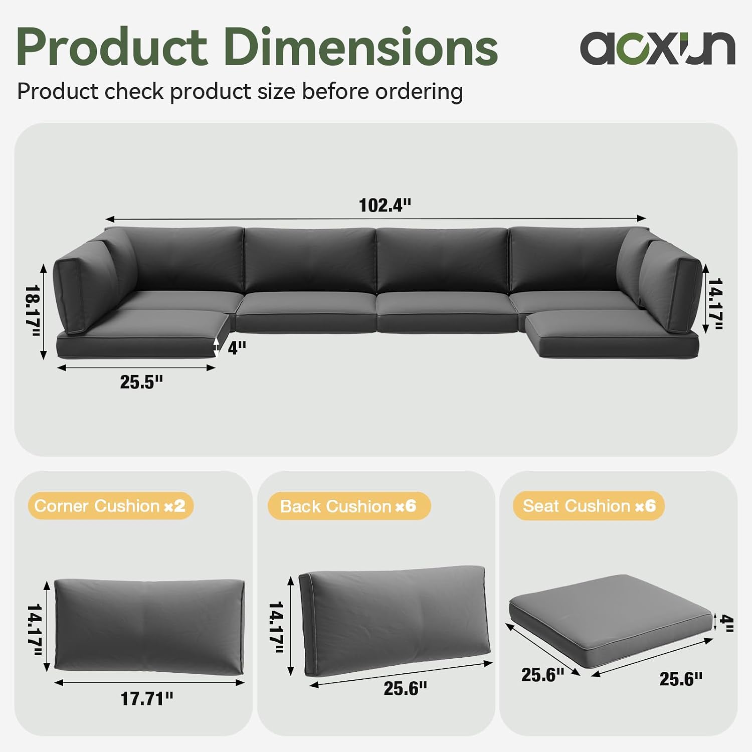Aoxun Replacement Cushions for Outdoor Furniture, 14-Piece Outdoor Cushions for Patio Furniture, Deep Seat, Splash-Proof & Fade Resistant Couch Cushion for 6-Seat Patio Conversation Sets, Grey - Image 3