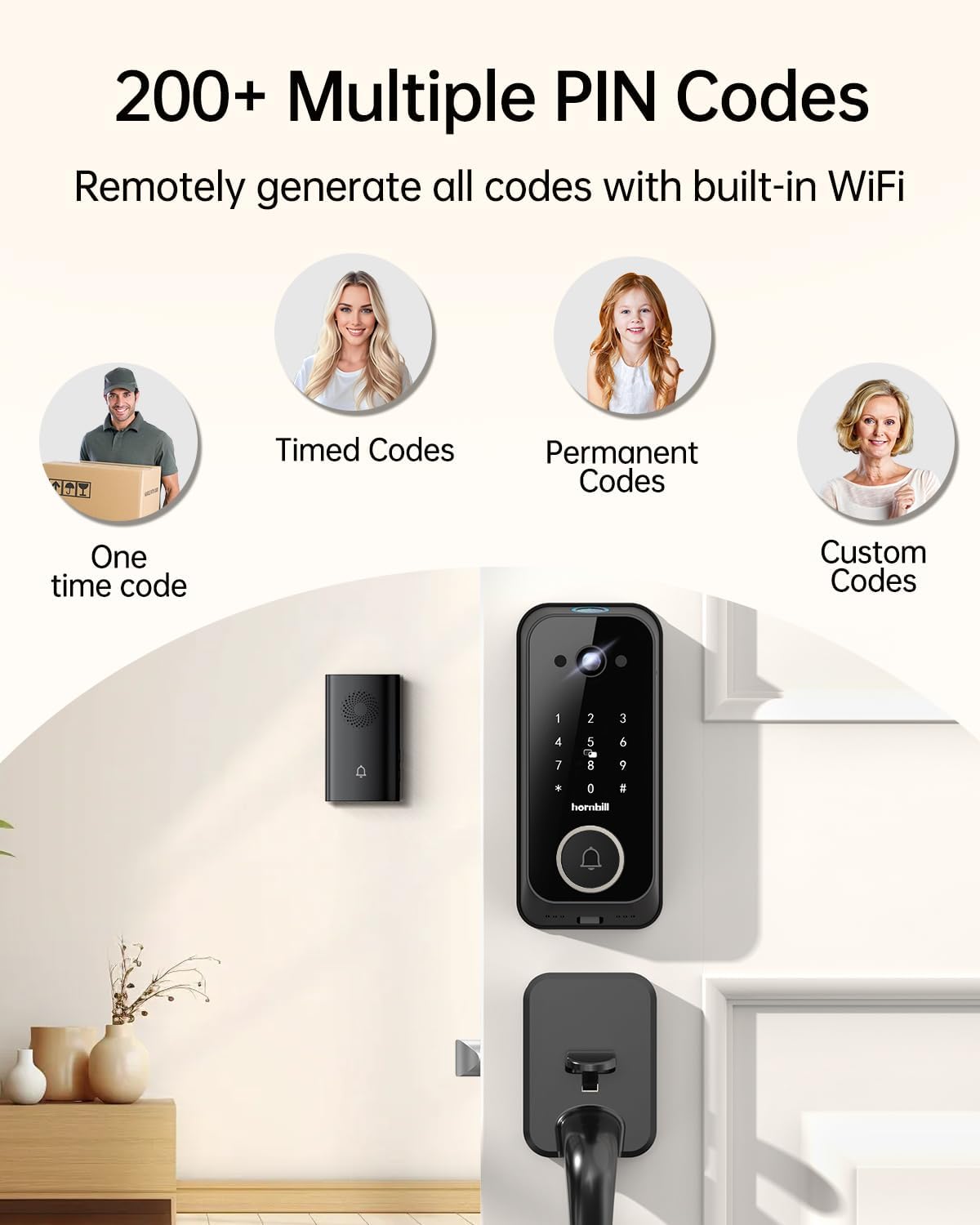 Smart Front Door Lock Sets: 2K HD Camera Lock with Doorbell Kits, Hornbill Fingerprint Keyless Entry Door Lock with Handles, WiFi Deadbolt(only 2.4G) for Remote Control, Free APP/Alexa/PIR, Black - Image 7