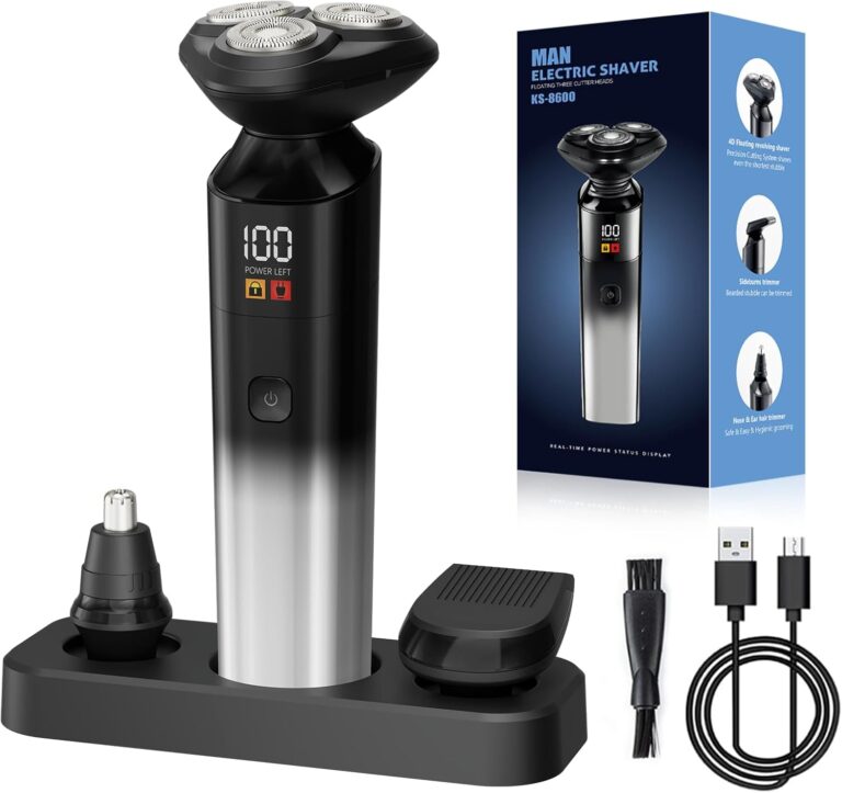 RUIBO Electric Razor for Men, Rechargeable Electric Shaver for Men, Waterproof 3D Rotary Shaving, Wet/Dry Cordless 3-in-1 with Beard Trimmer, Sideburn & Nose Hair Groomer