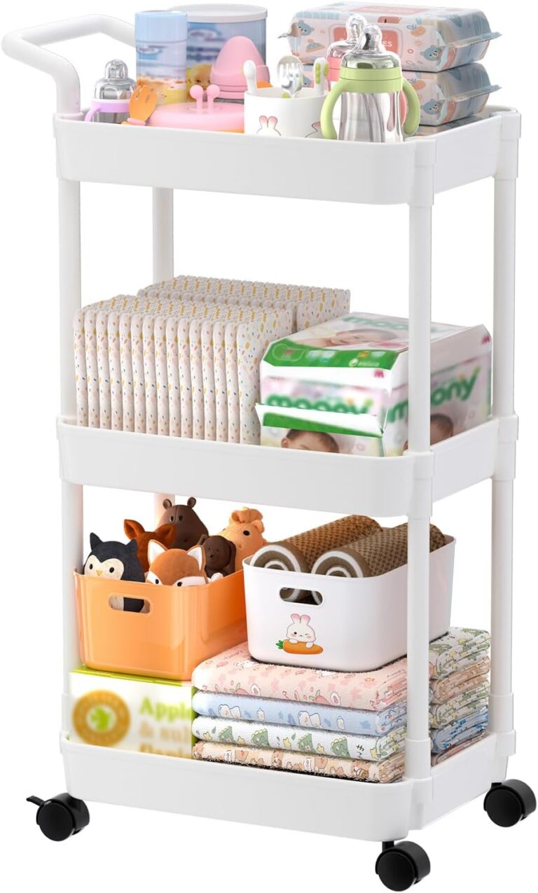Volnamal Diaper Caddy, 3 Tier Rolling Cart for Baby Essentials, Off-White