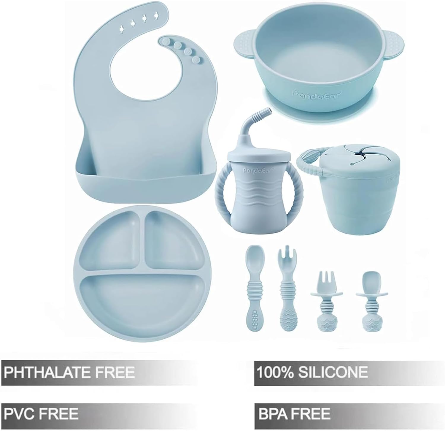 PandaEar Silicone Baby Feeding Set | 9PCS Baby Led Weaning Supplies Self Feeding Utensils | Divided Suction Plate Bowl Bibs Sippy Cup with Baby Snack Container Spoons Forks (Blue) - Image 2