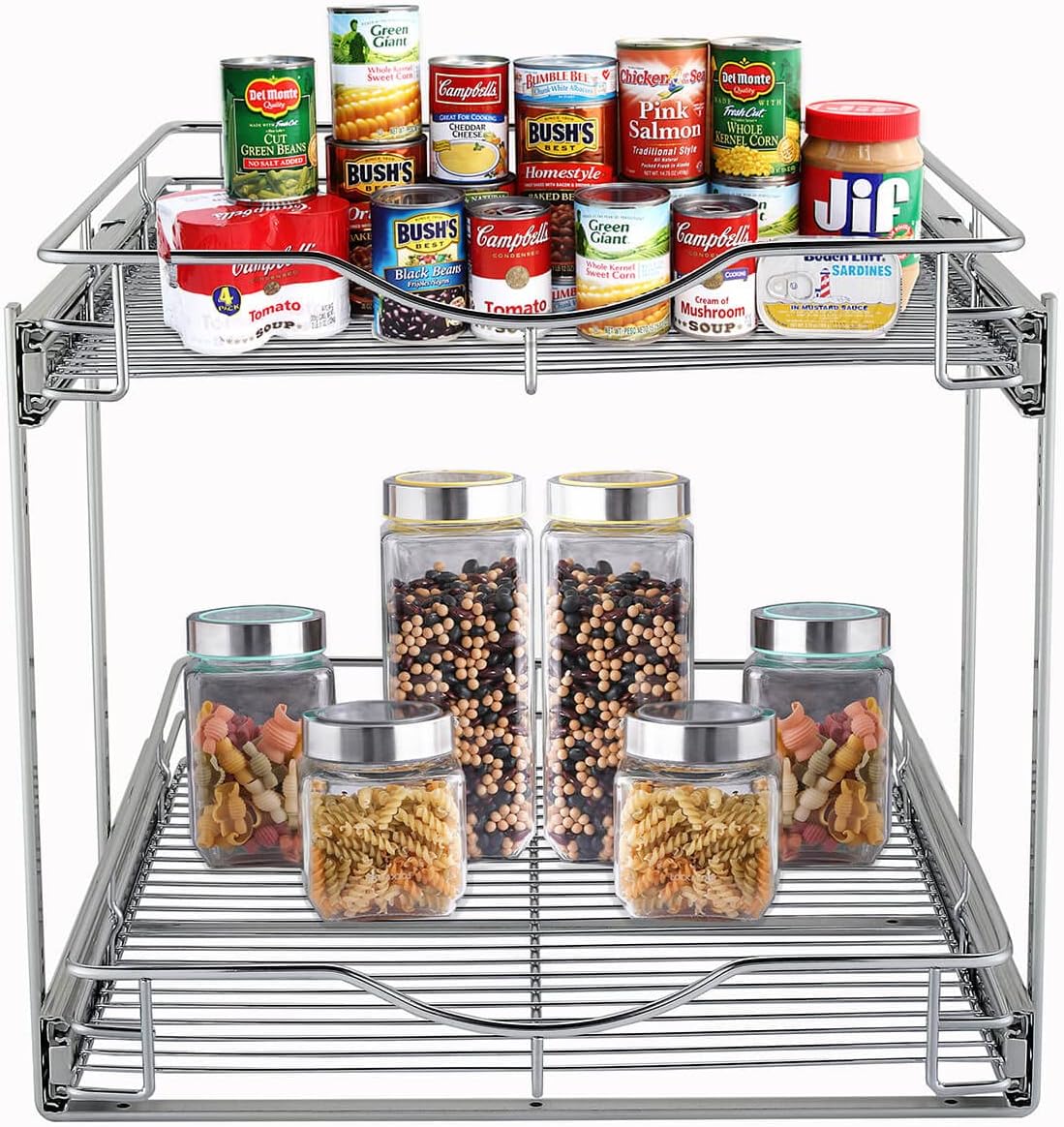 DINDON 2 Tier Pull Out Cabinet Organizer (14" W X 18" D), Double Tier Wire Basket Slide Out Shelf Storage for Kitchen Base Cabinet Organization for Kitchen, Pantry, Bathroom, Chrome - Image 8
