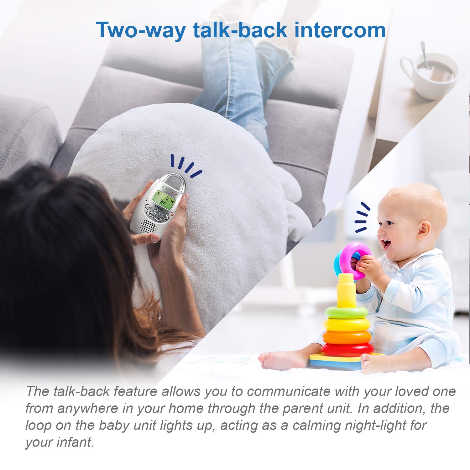 VTech Communications DM221 Audio Baby Monitor with up to 1,000 ft of Range, Vibrating Sound-Alert, Talk Back Intercom & Night Light Loop, White/Silver - Image 7