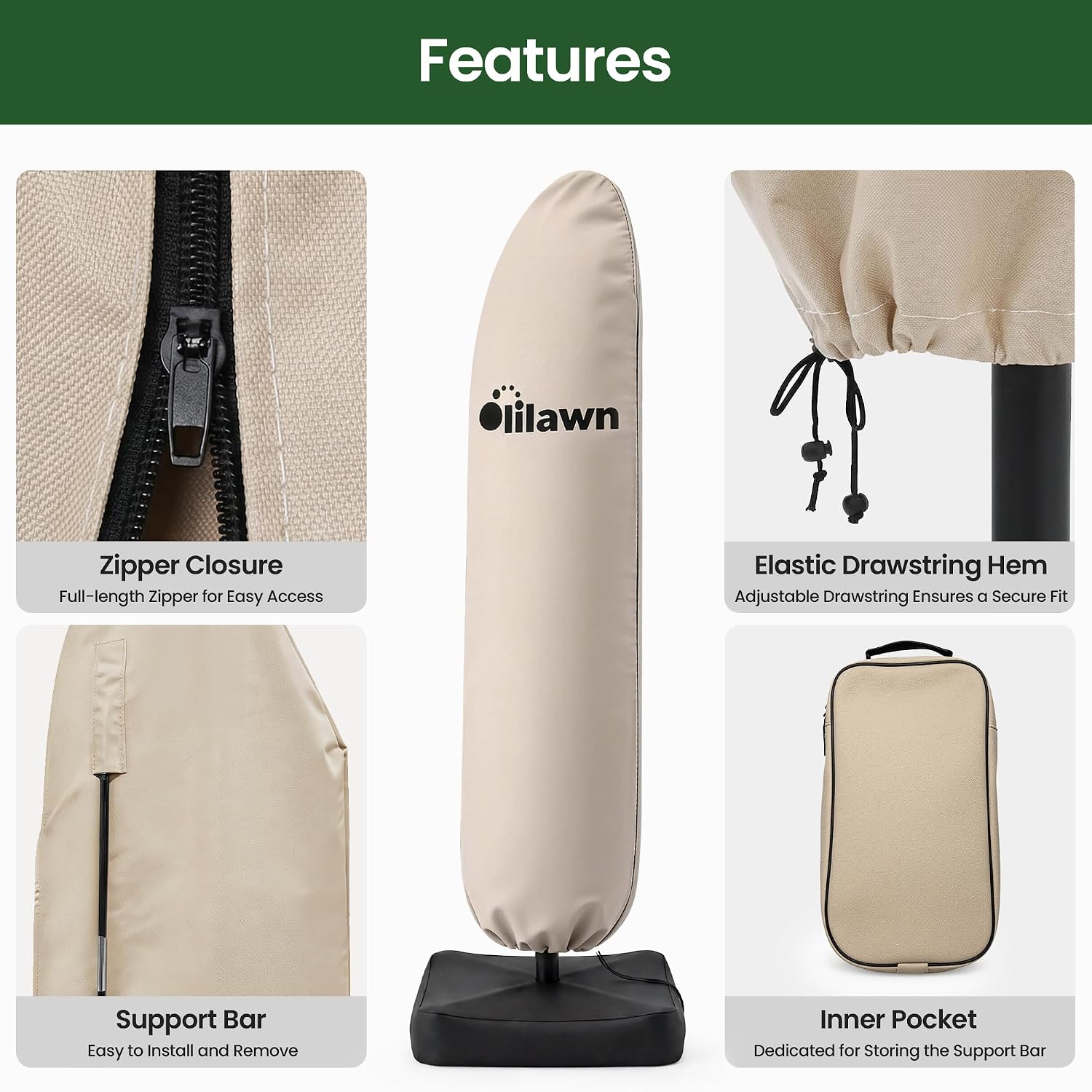 OLILAWN 600D Waterproof Umbrella Cover for 7-10ft Offset Cantilever Umbrellas OL-HT032, UV Resistant Fade Resistant Outdoor Parasol Cover for Patio, Includes Rod and Storage Bag, Beige - Image 6