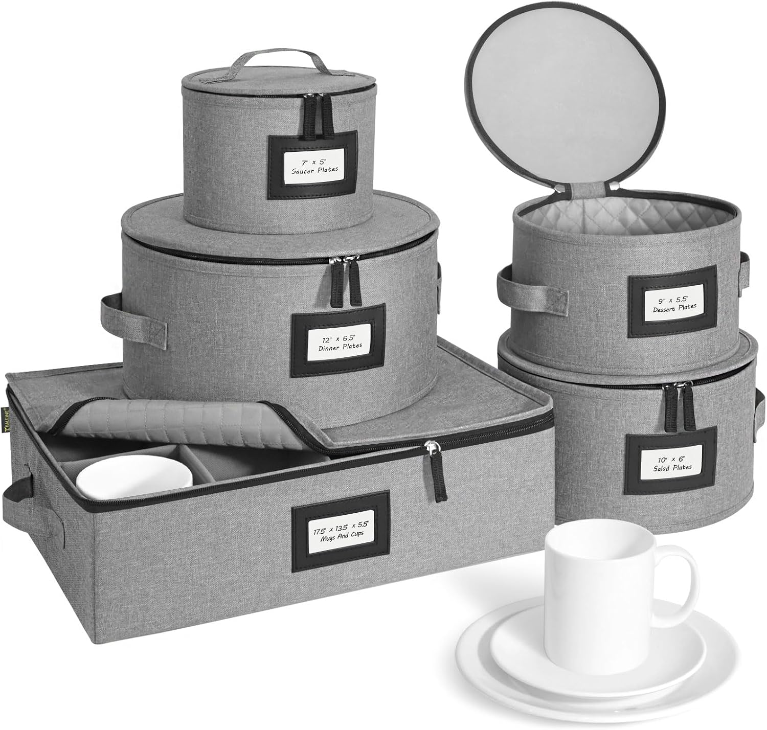 BALEINE China Storage Containers, Sturdy Quilted Wine Glass Storage, Plate Organizer with Carry Handles, Moving Boxes for Dishes, Cups, Mugs and Stemware (Plate Mug Combo, Hard Shell Grey)