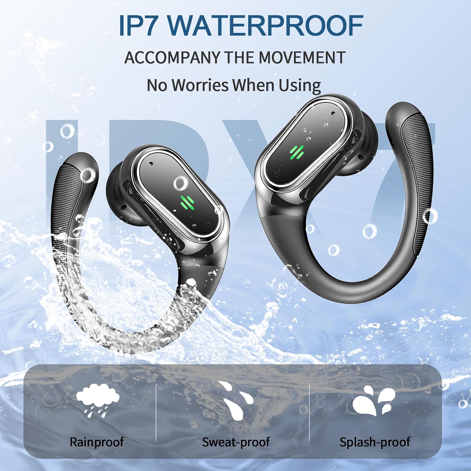 Wireless Earbuds, 2026 Bluetooth 5.4 Headphones Sport, 60Hrs HiFi Stereo Deep Bass Over-Ear buds with ENC Noise Cancelling Mic, IP7 Waterproof & LED Display Earphones with Earhooks for Workout/Running - Image 7