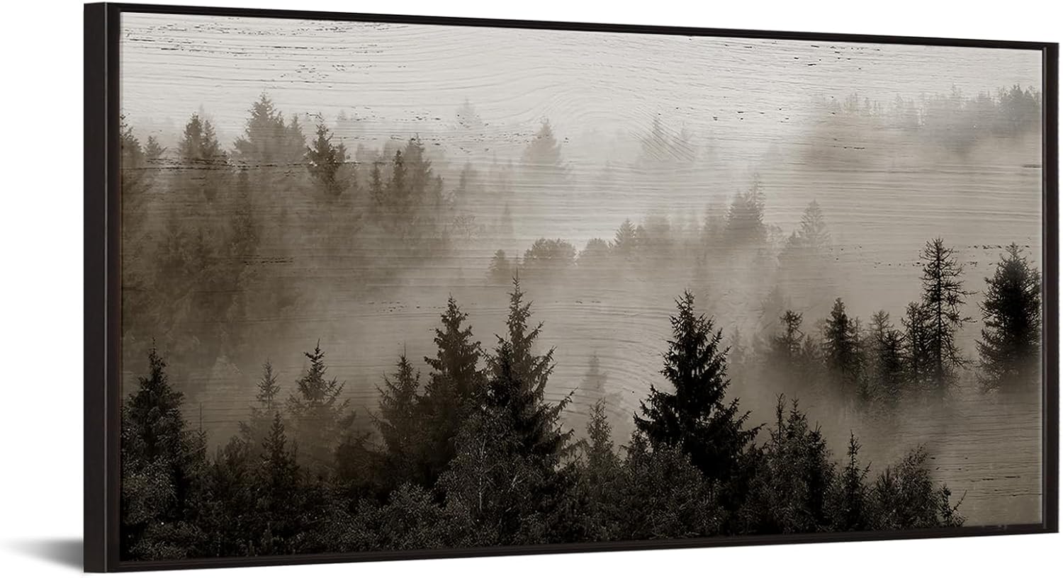 KREATIVE ARTS Large Framed Forest Canvas Wall Art – 24x48'' Foggy Mountain Landscape Print with Black Floater Frame, Nature-Inspired Decor for Living Room, Bedroom, or Office