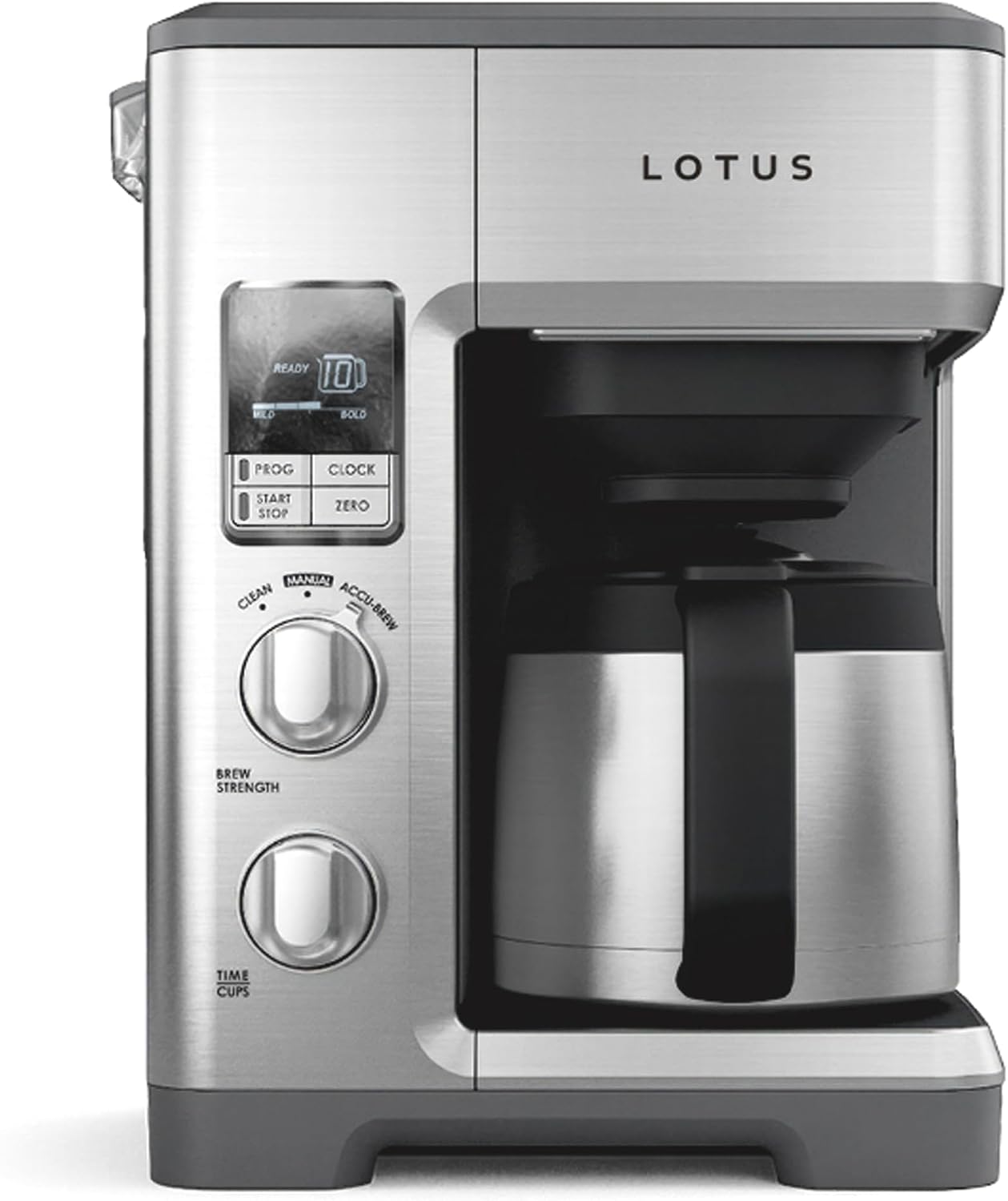 Lotus Coffee Maker with Grounds Scale, Programmable 10-Cup Coffee Maker, The Top Drip, 1500 Watts, Stainless Steel, Professional Series, LTSCM500