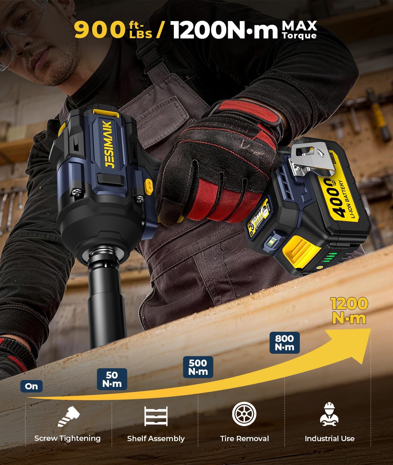 JESIMAIK Cordless Impact Wrench 1200N (900Ft-lbs) 1/2'' High Torque Impact Wrench with 2×4.0Ah Batteries, Impact Gun with 4impact modes & 5 Sockets & Case for Car, Truck, Mower - Image 2