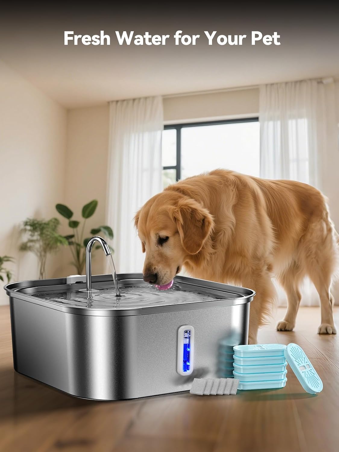 Large Dog Water Fountain 14L/3.7Gal, Stainless Steel Pet Fountain for Large Dogs and Multi-Pets, with Window & Extra Wide Drinking Area, Square Design Enlarges Capacity & Saves Space (6 Newly Filters) - Image 7