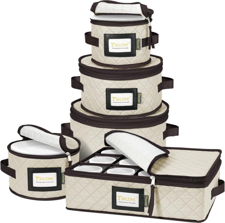 BALEINE China Storage Containers, Sturdy Quilted Wine Glass Storage, Plate Organizer with Carry Handles, Moving Boxes for Dishes, Cups, Mugs and Stemware (Plate Mug Combo, Soft Shell Cream)