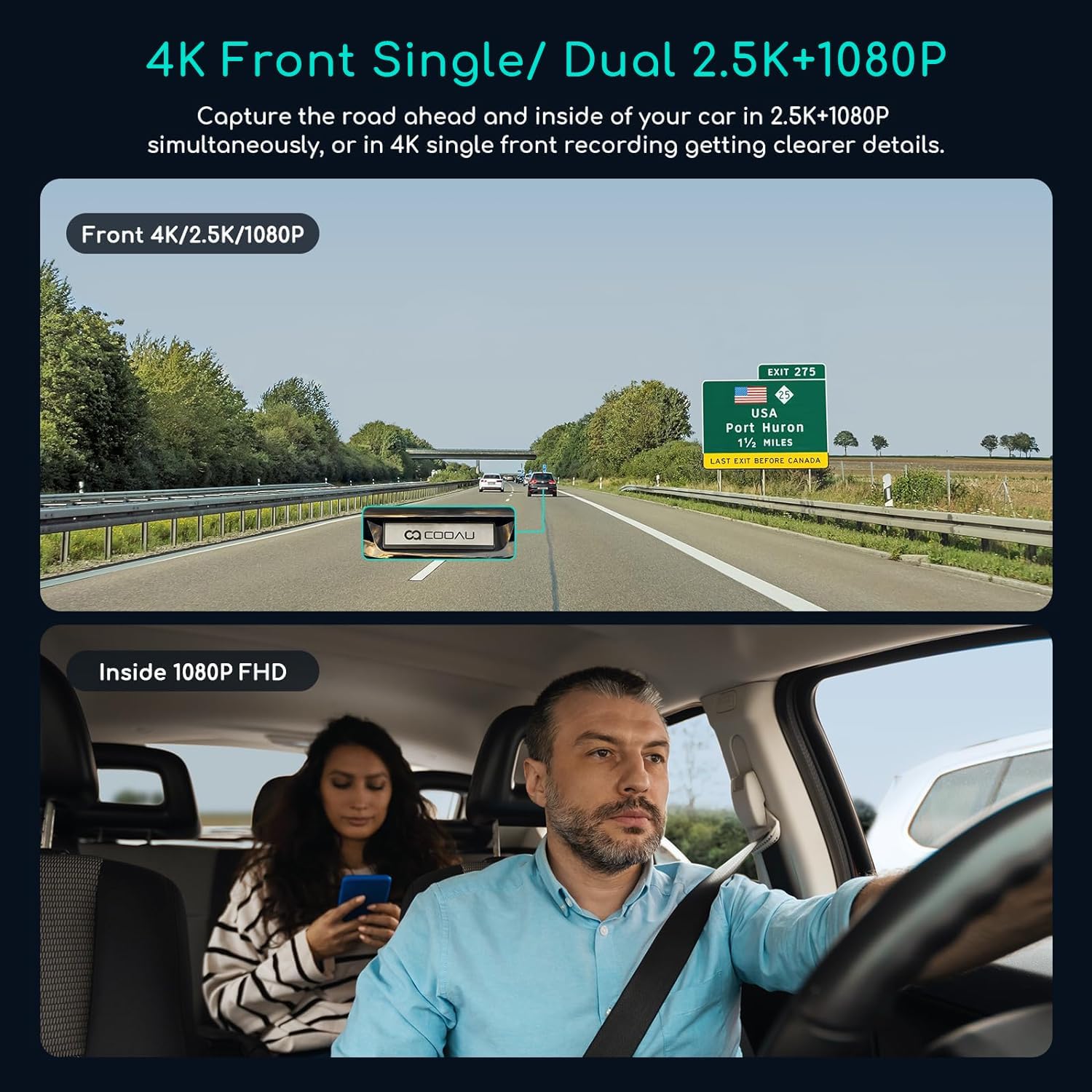 COOAU D30S 4K Dash Cam with GPS Wi-Fi, Front and Inside Dual 2.5K 1080P, Uber Car Camera with Infrared Night Vision, Supercapacitor, 4 IR LEDs, G-Sensor, Parking Mode, Loop Recording - Image 2