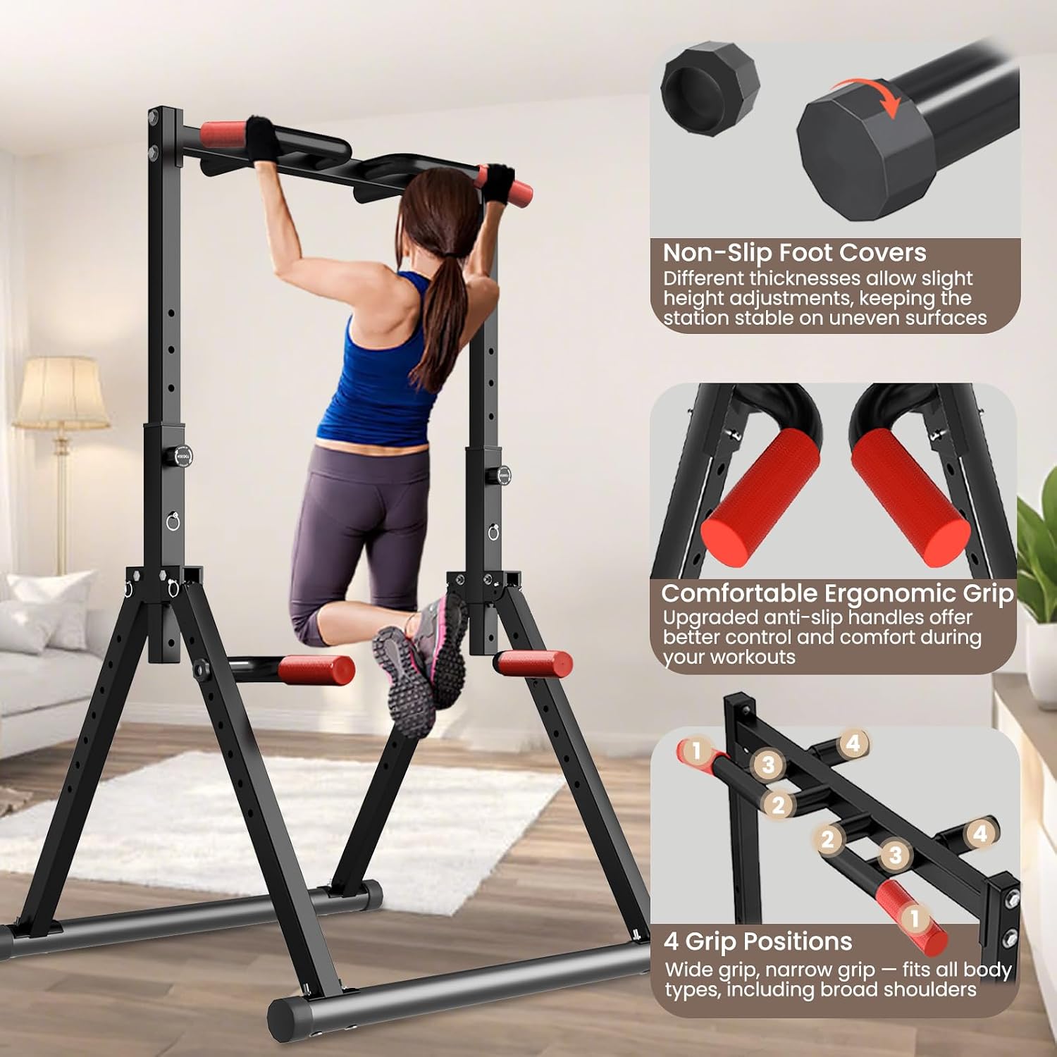 WATBKHE Power Tower Pull Up Dip Station Foldable, Pull Up Bar Station Adjustable, Multi-Function Home Gym, Strength Training Fitness Equipment, Triangular Design, for Home Outdoor - Image 6