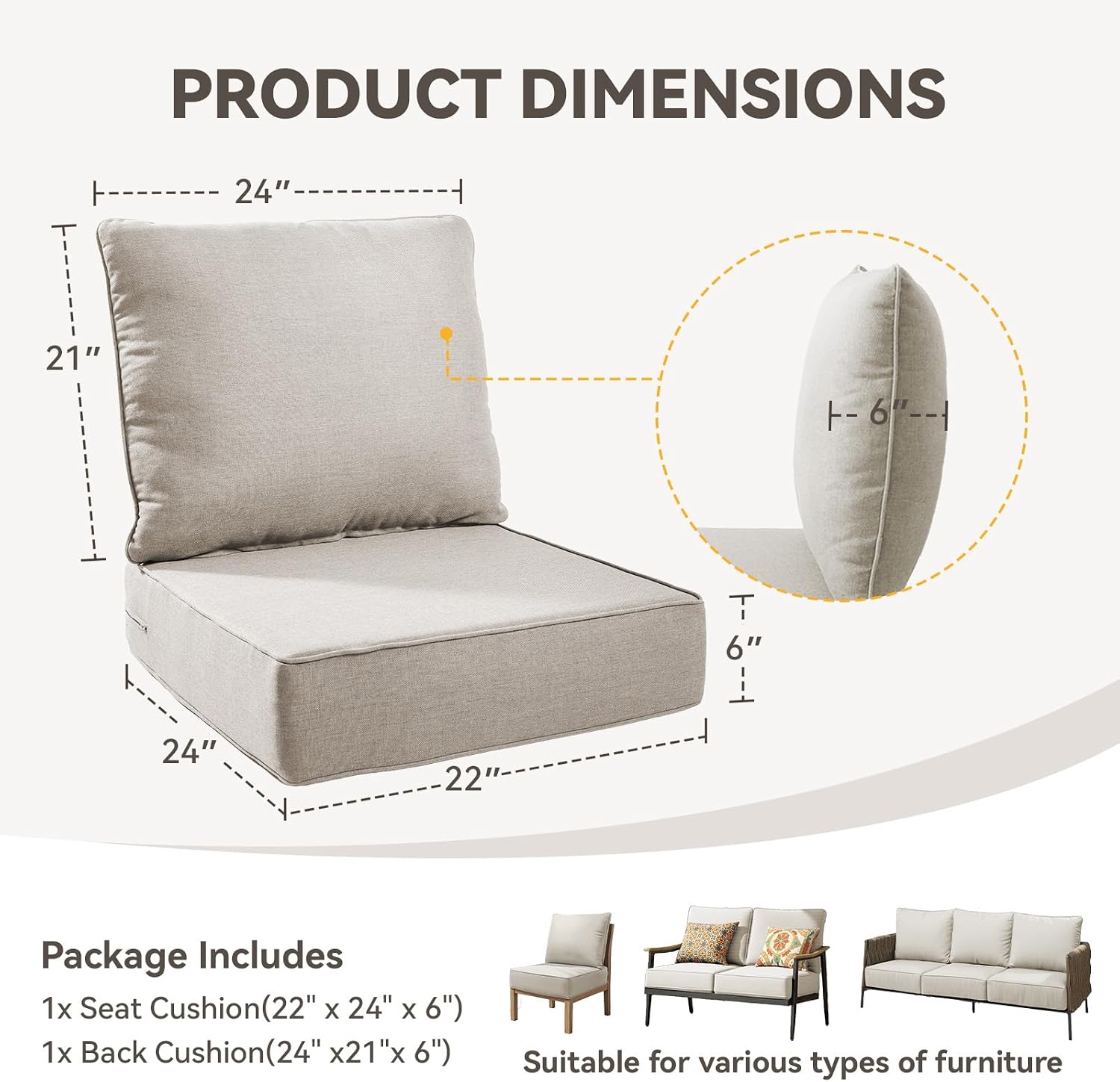6" Thick Patio Chair Cushions - 22"* 24" Patio Furniture Cushions with Water Resistant & Removable Cover, 28D High Density Sponge Patio Cushion for Outdoor Furniture Couch Chair Beige - Image 2