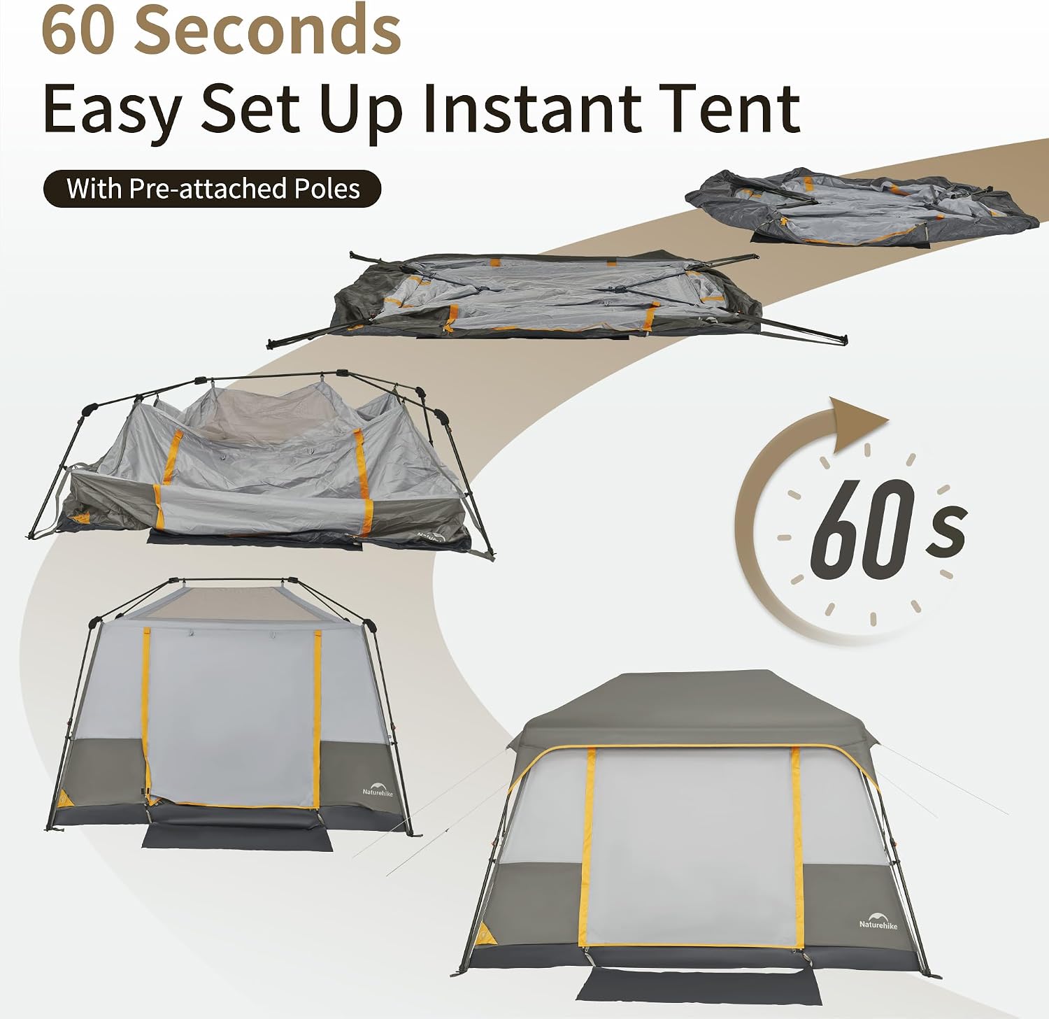 Naturehike Cape 4/6/8 Person Camping Tent, 60S Easy Setup Instant Tent Pop up Tent, Waterproof Large Tall 6/8 Person Tents for Camping, Car Camping - Image 3