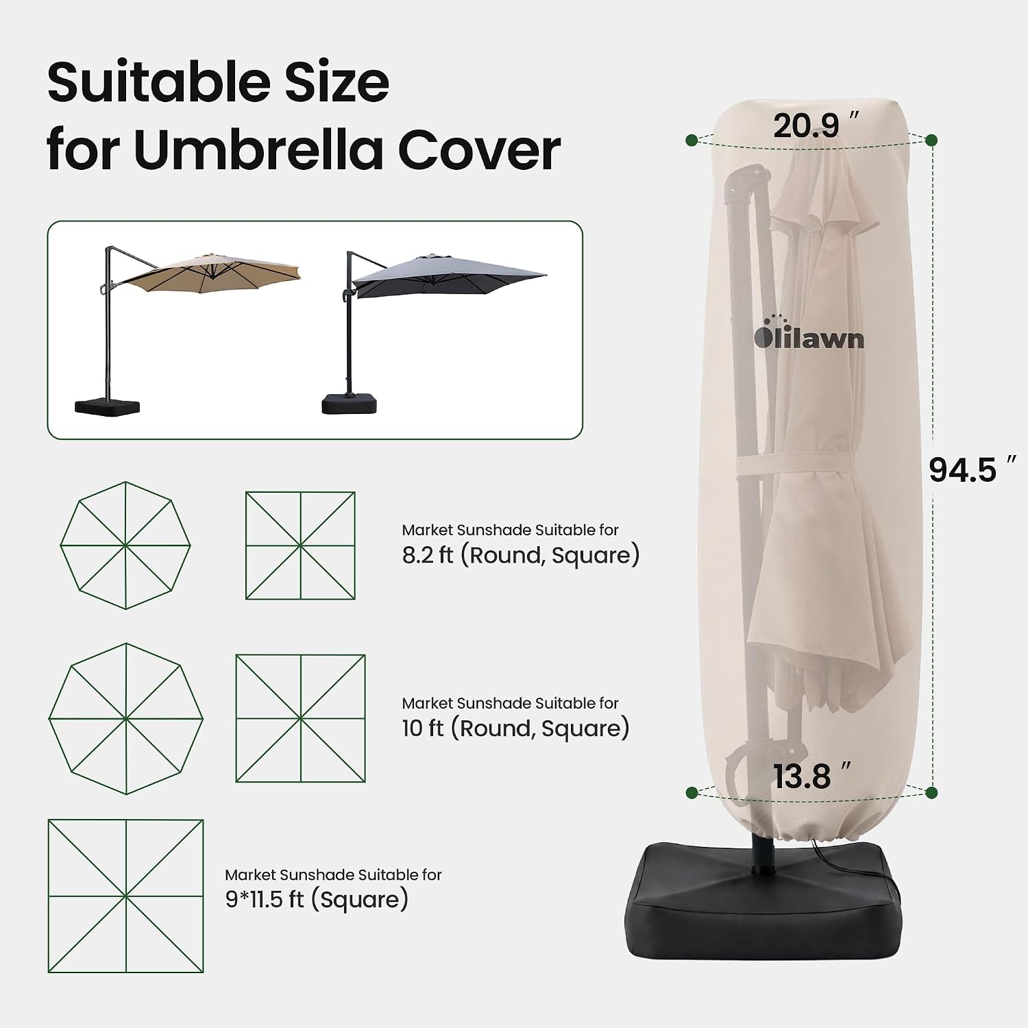 OLILAWN 600D Waterproof Umbrella Cover for 7-12ft Cantilever Umbrellas OL-HT039 OL-HT040, UV Resistant Fade Resistant Outdoor Parasol Cover for Patio, Includes Rod and Storage Bag, Beige - Image 2