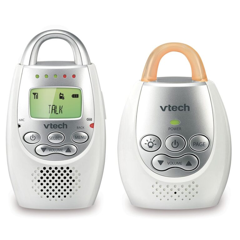 VTech Communications DM221 Audio Baby Monitor with up to 1,000 ft of Range, Vibrating Sound-Alert, Talk Back Intercom & Night Light Loop, White/Silver