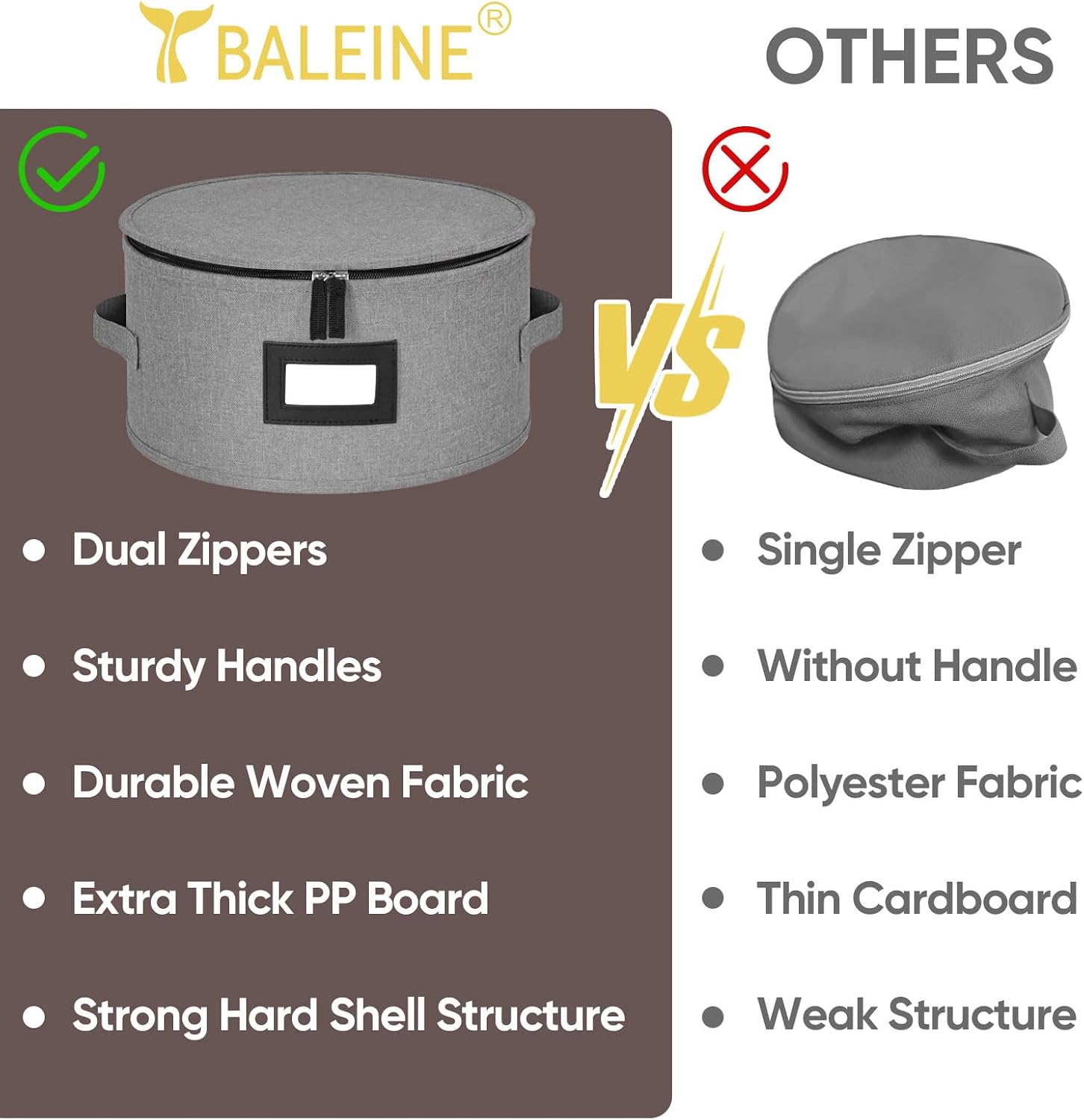 BALEINE China Storage Containers, Sturdy Quilted Wine Glass Storage, Plate Organizer with Carry Handles, Moving Boxes for Dishes, Cups, Mugs and Stemware (Plate, Hard Shell Grey) - Image 6