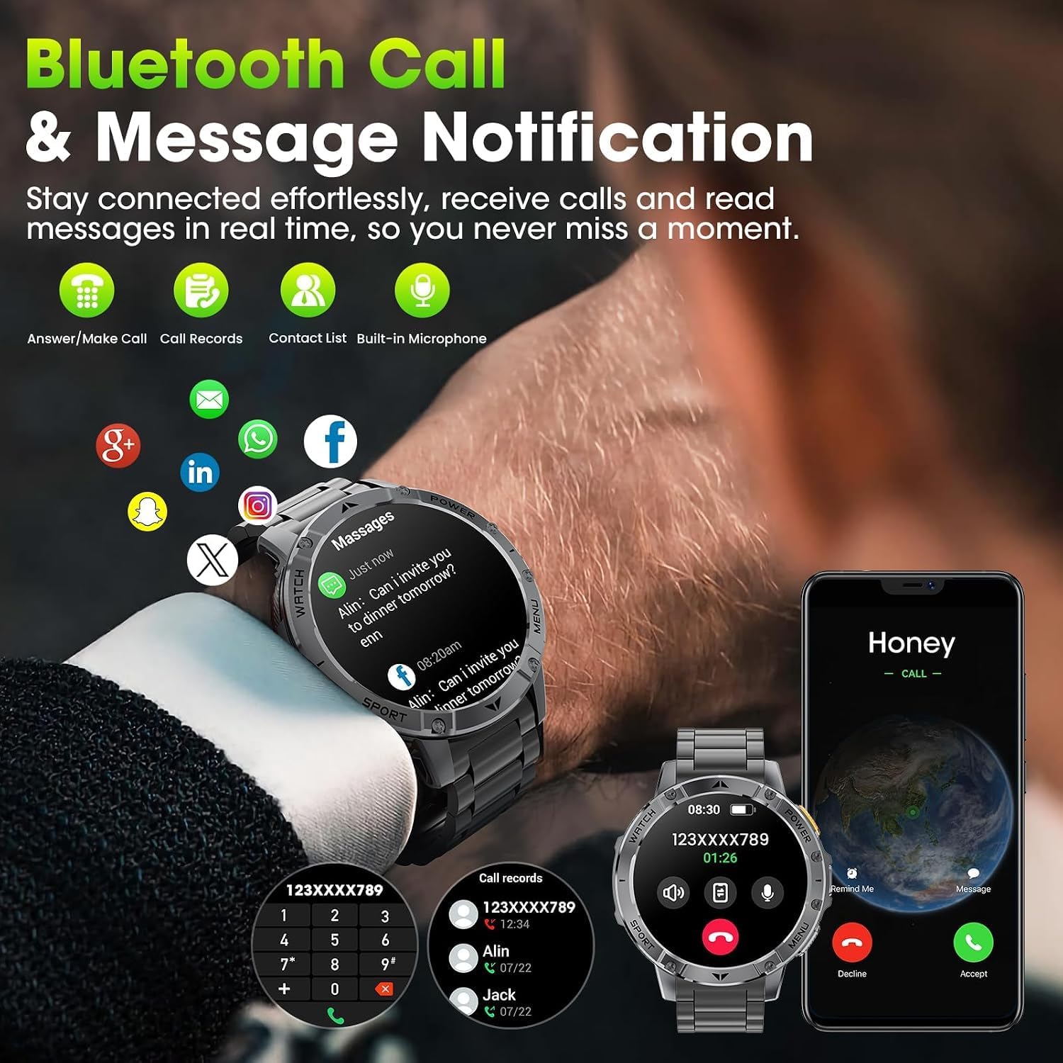Military Smart Watches for Men, 1.7" HD Smart Watch with Two Flashlights/1400mAh/110+ Sports Modes Fitness Tracker Watch, Waterproof Mens Smart Watch for Android Phones iPhone Compatible(2 Strap) - Image 6
