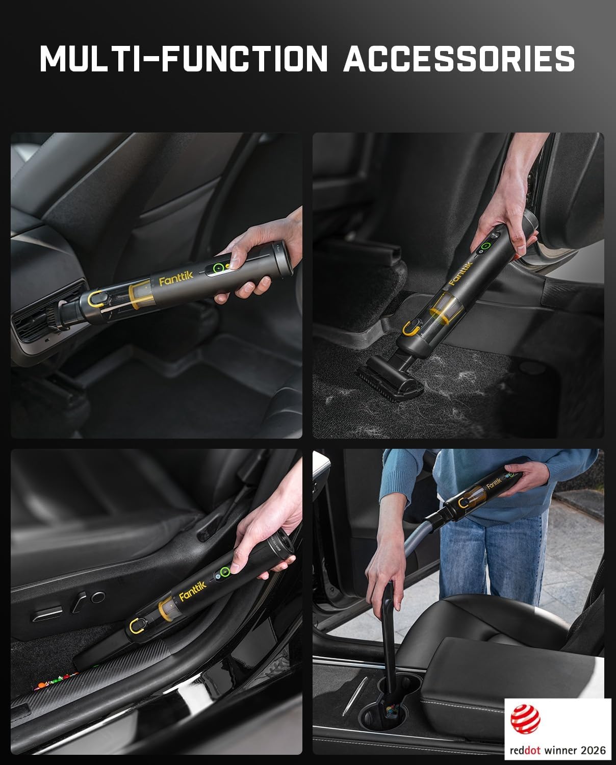 Fanttik Slim V10 APEX Cordless Car Vacuum, 4-in-1 Portable Mini Handheld Vac, Upgraded Smart Digital Display, 19kPa Suction Power, 2 Suction Modes for Small Jobs, Car, Office Desk, Keyboards (Black) - Image 4