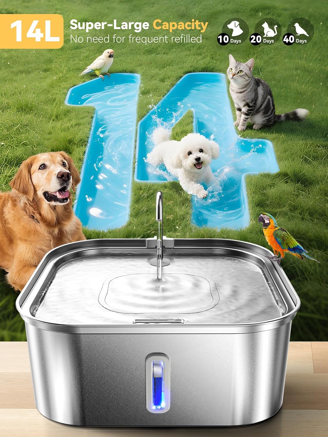 Large Dog Water Fountain 14L/3.7Gal, Stainless Steel Pet Fountain for Large Dogs and Multi-Pets Families, with Visible Window & Extra Wide Drinking Area, Square Design Enlarges Capacity & Saves Space - Image 2