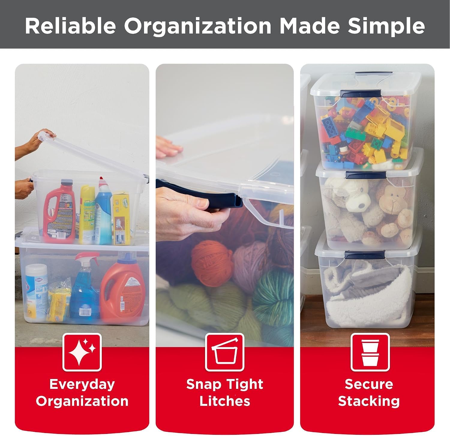 Rubbermaid Cleverstore Clear 32 Qt, 6 Pack Stackable Plastic Storage Bins with Lids, Great for Closet and Laundry Storage, Organizing in the Home - Image 3