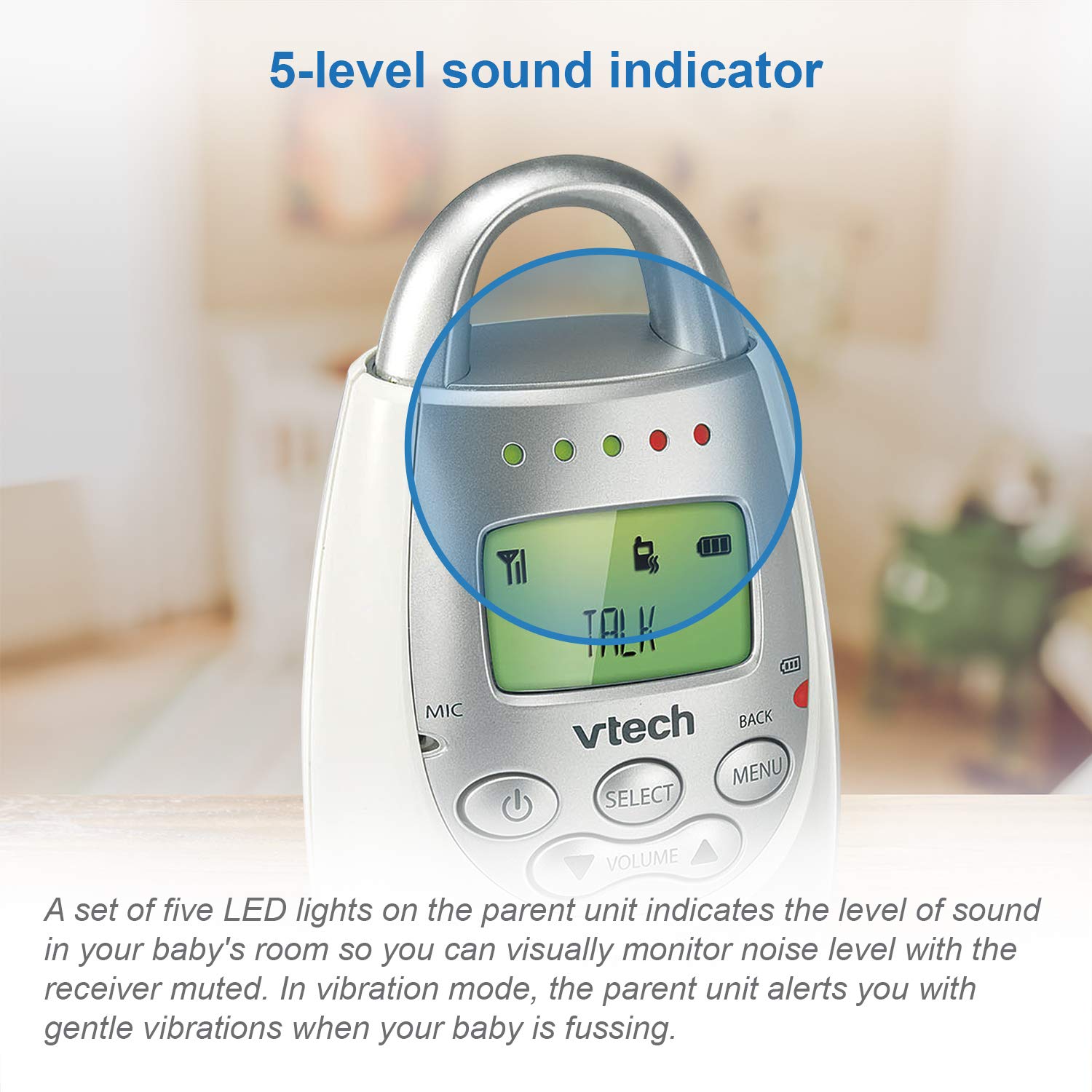 VTech Communications DM221 Audio Baby Monitor with up to 1,000 ft of Range, Vibrating Sound-Alert, Talk Back Intercom & Night Light Loop, White/Silver - Image 2