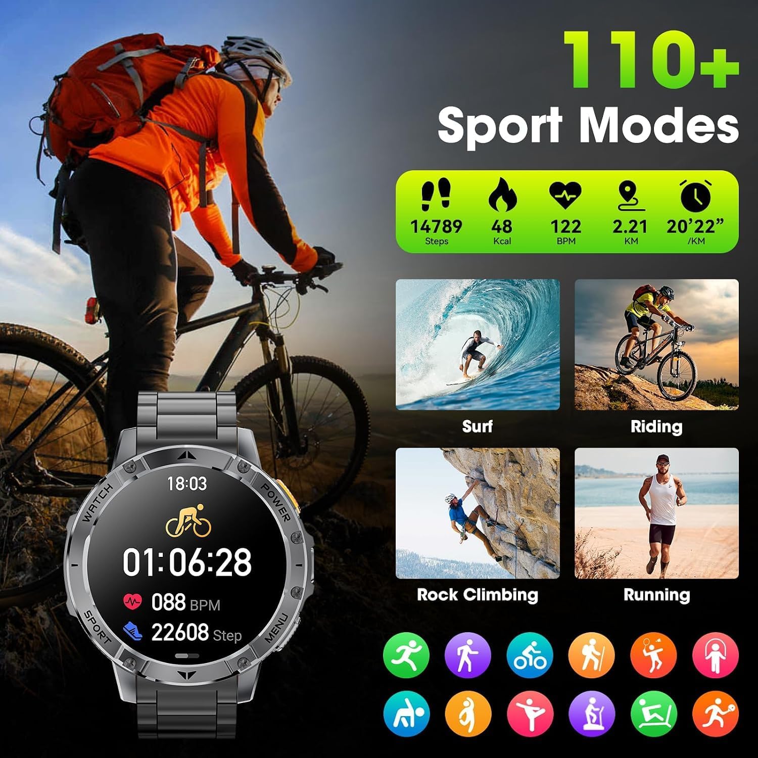 Military Smart Watches for Men, 1.7" HD Smart Watch with Two Flashlights/1400mAh/110+ Sports Modes Fitness Tracker Watch, Waterproof Mens Smart Watch for Android Phones iPhone Compatible(2 Strap) - Image 7