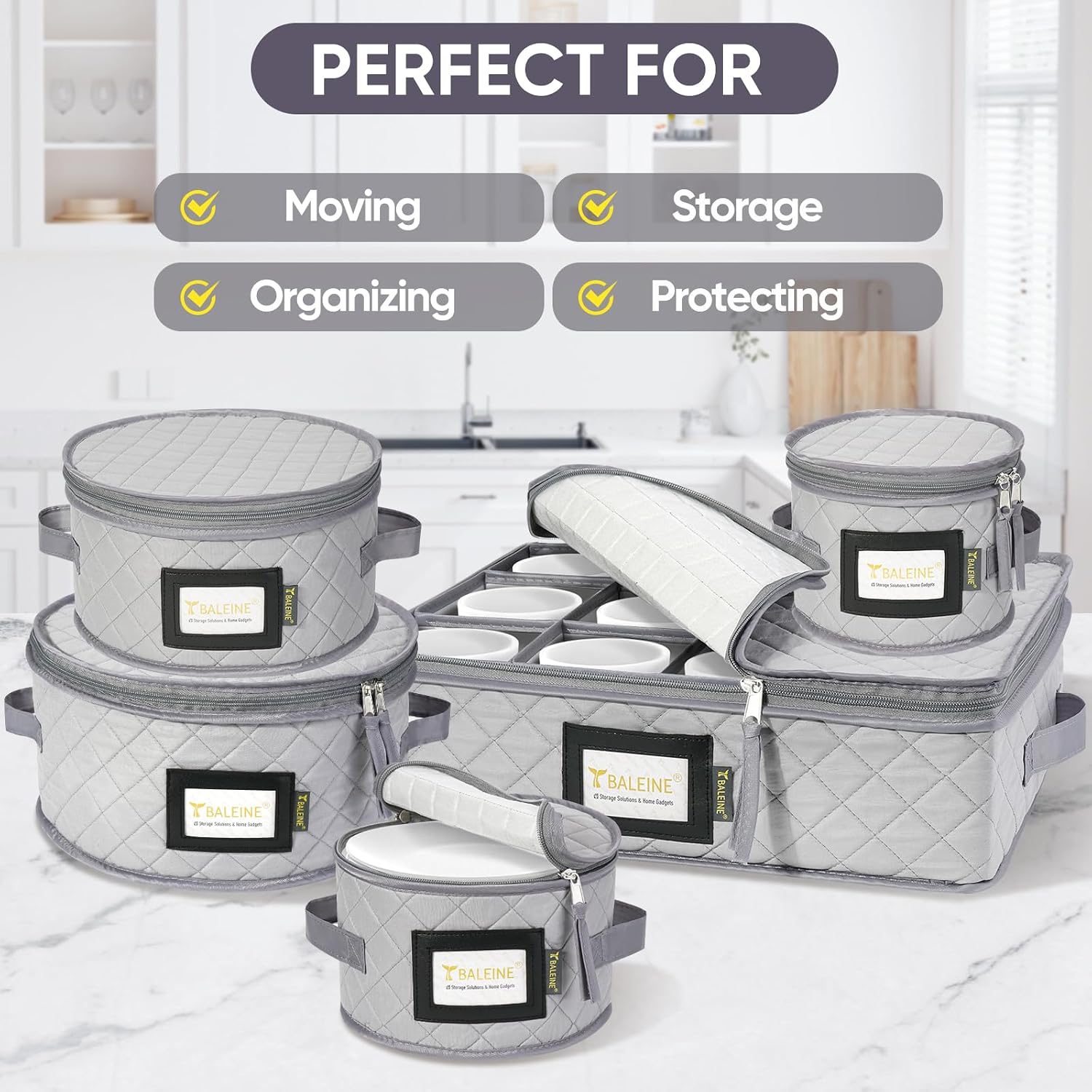 BALEINE China Storage Containers, Sturdy Quilted Wine Glass Storage, Plate Organizer with Carry Handles, Moving Boxes for Dishes, Cups, Mugs and Stemware (Plate Mug Combo, Soft Shell Grey) - Image 7