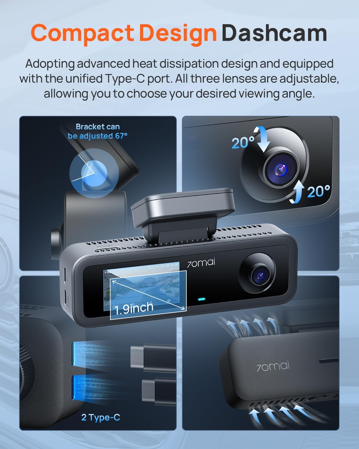 70mai 4K Dash Cam Front and Rear Inside, 3 Channel Car Dash Camera for Cars, Dashcam with GPS, Wi-Fi 6, Voice Control, Parking Monitor, Night Vision, Loop Recording, 64GB SD Card Included (T800E) - Image 9