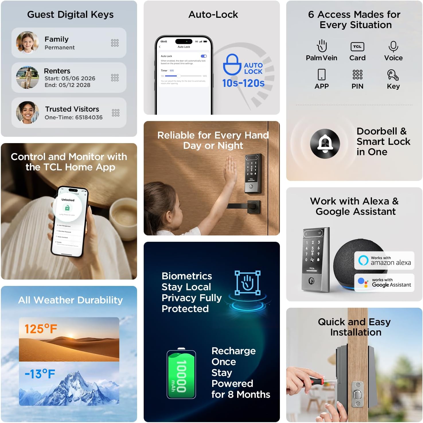 TCL Smart Lock D2 Pro, Palm Vein Keyless Entry Deadbolt, Wi-Fi Keypad Door Lock, Built-in Doorbell, 8-Month Battery, App & Voice Control, Works with Alexa & Google Home, Easy Install for Front Door - Image 6