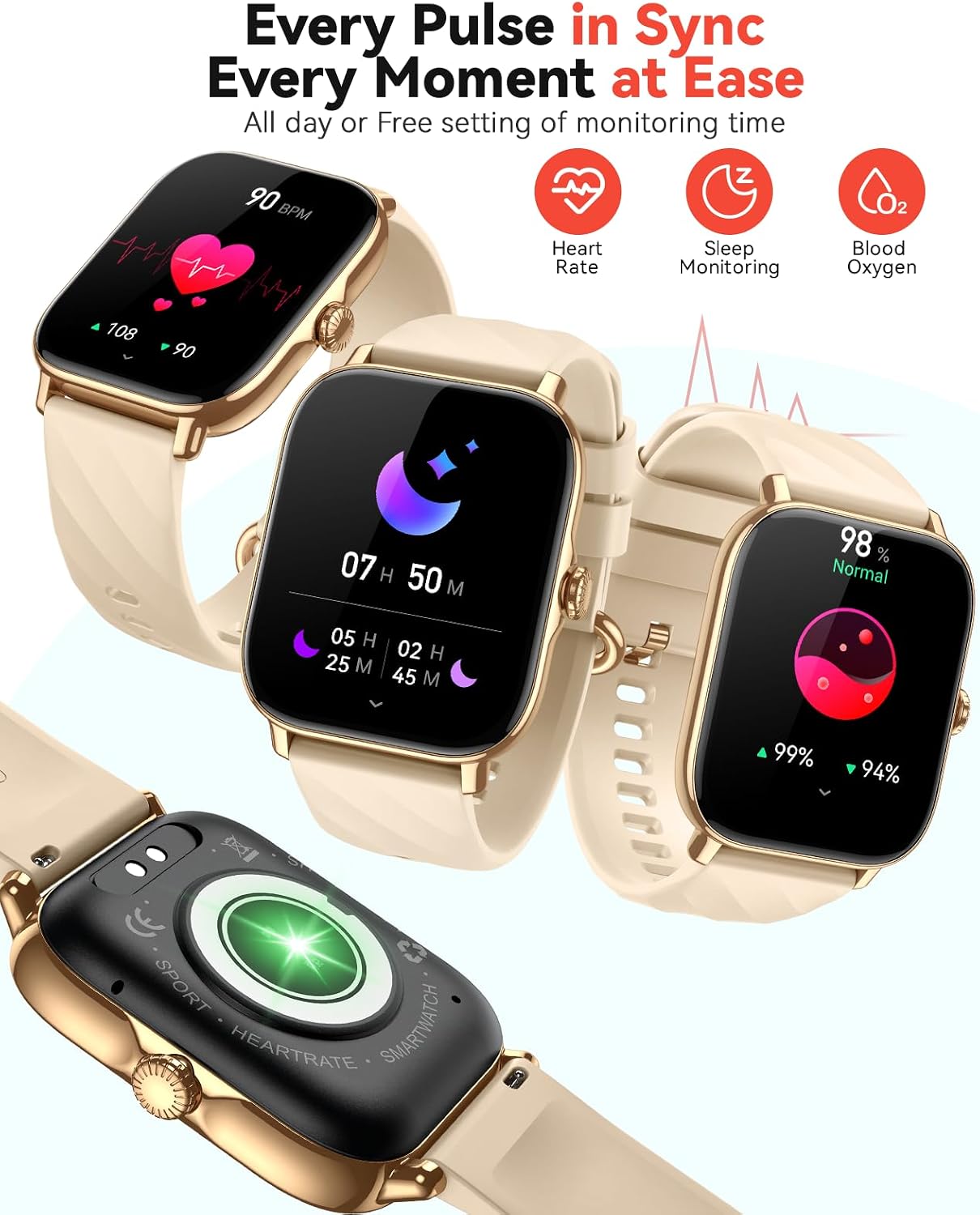 Smart Watches Fitness Tracker for Women Men with Step Counter, Sleep Calorie Monitor, Pedometer, IP68 Waterproof, Smartwatch with 120+ Sports for iPhone Android (Gold) - Image 2