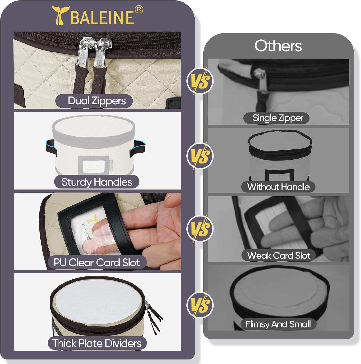 BALEINE China Storage Containers, Sturdy Quilted Wine Glass Storage, Plate Organizer with Carry Handles, Moving Boxes for Dishes, Cups, Mugs and Stemware (Plate Mug Combo, Soft Shell Cream) - Image 6