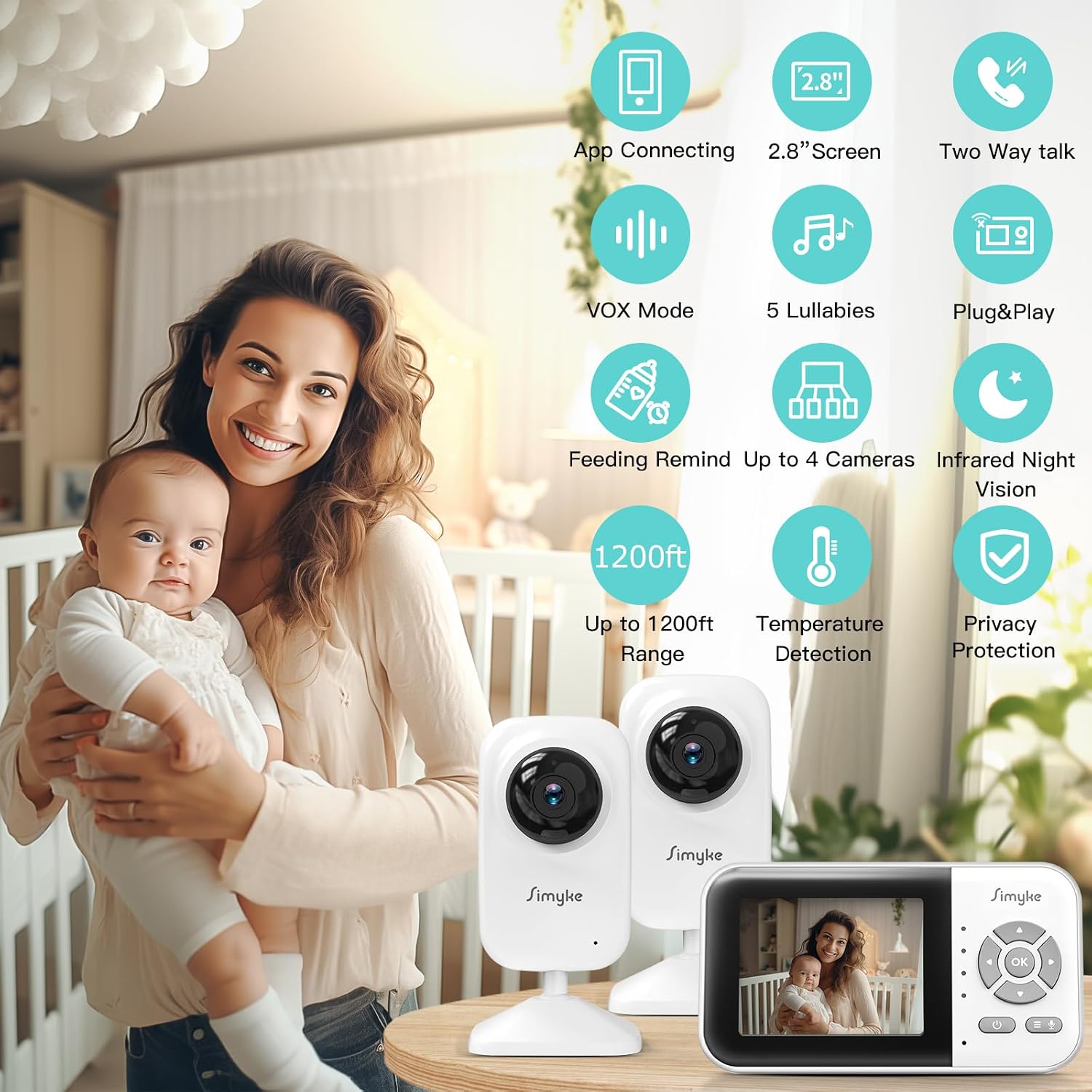 Simyke Upgrade Video Baby Monitor with 2 Cameras and Audio 2.8" Screen,Night Vision,APP,Wireless,2-Way Talk,1200ft Long Range,Feeding Timer,Temperature Sensor,VOX/ECO,5 Lullabies,Portable,Easy Setup - Image 9