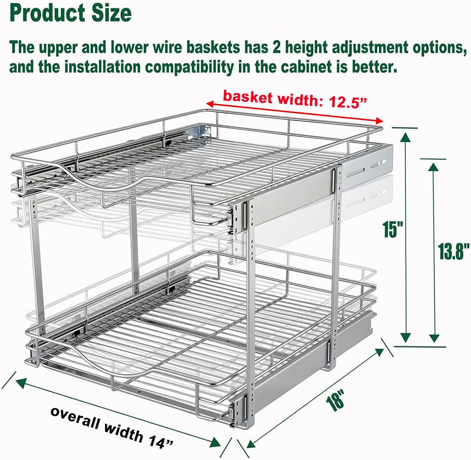 DINDON 2 Tier Pull Out Cabinet Organizer (14" W X 18" D), Double Tier Wire Basket Slide Out Shelf Storage for Kitchen Base Cabinet Organization for Kitchen, Pantry, Bathroom, Chrome - Image 2